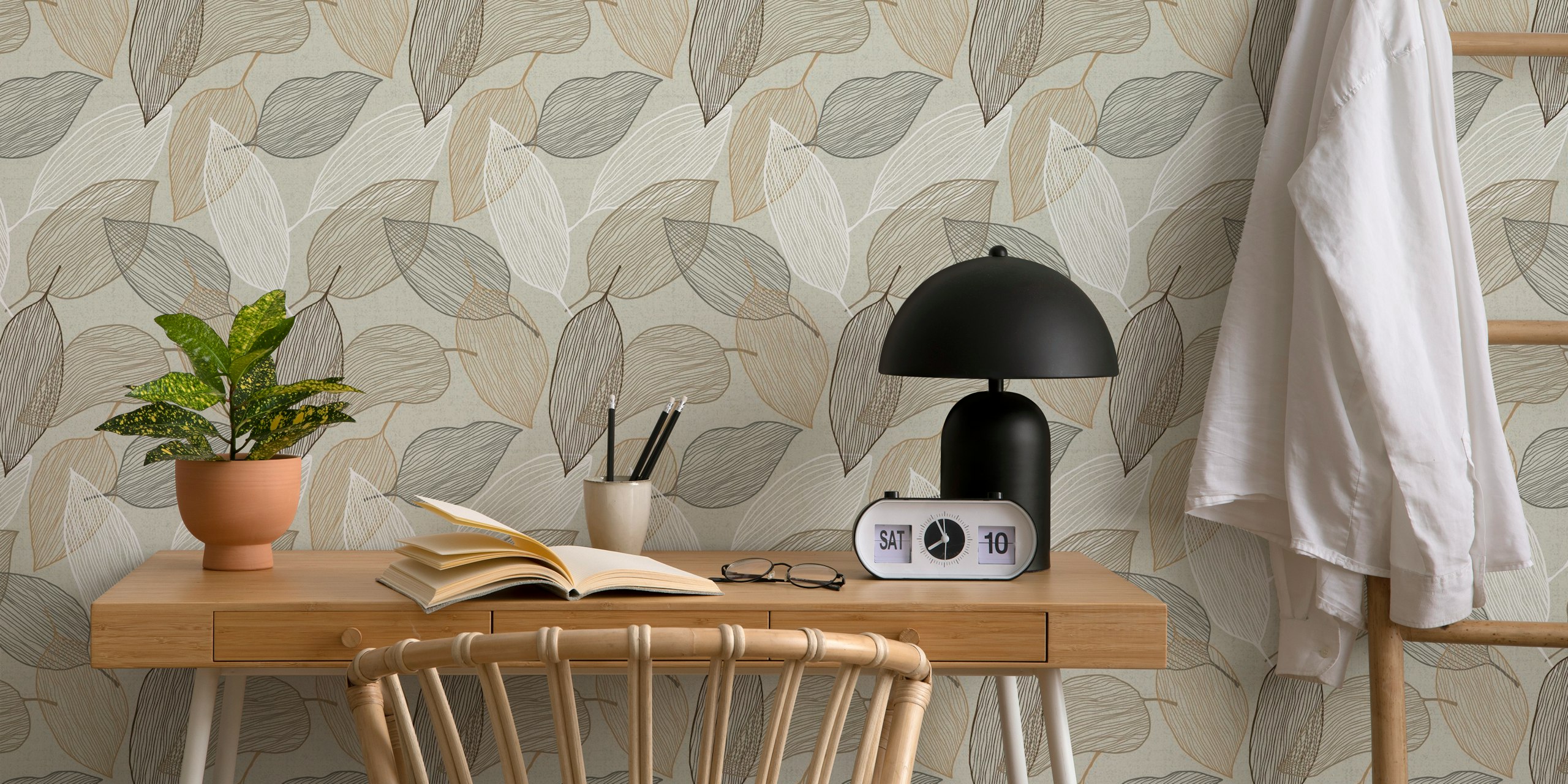Leaves Line Brown wallpaper in a room setting