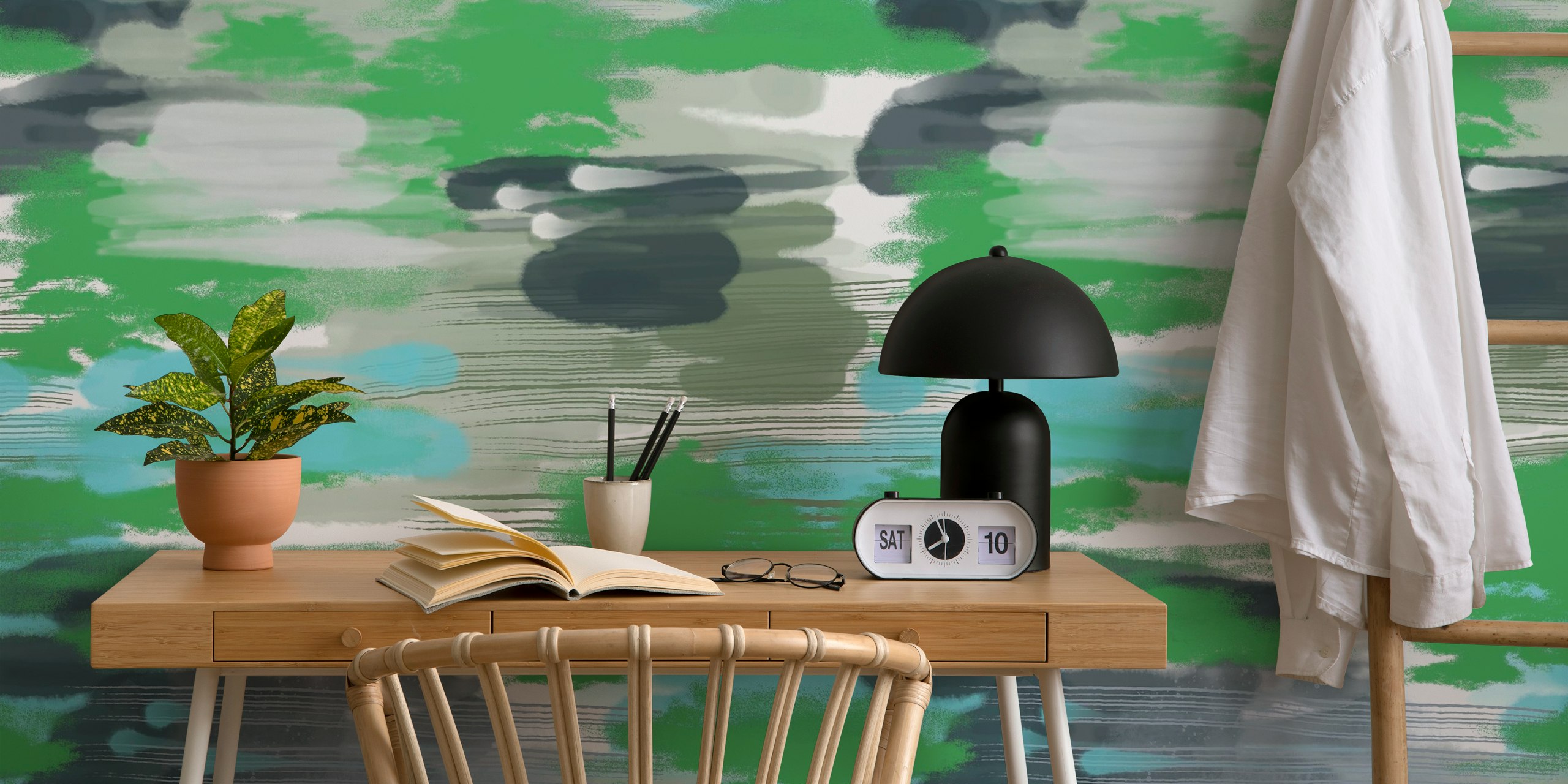 Abstract green, blue, and grey wallpaper with soft brush strokes