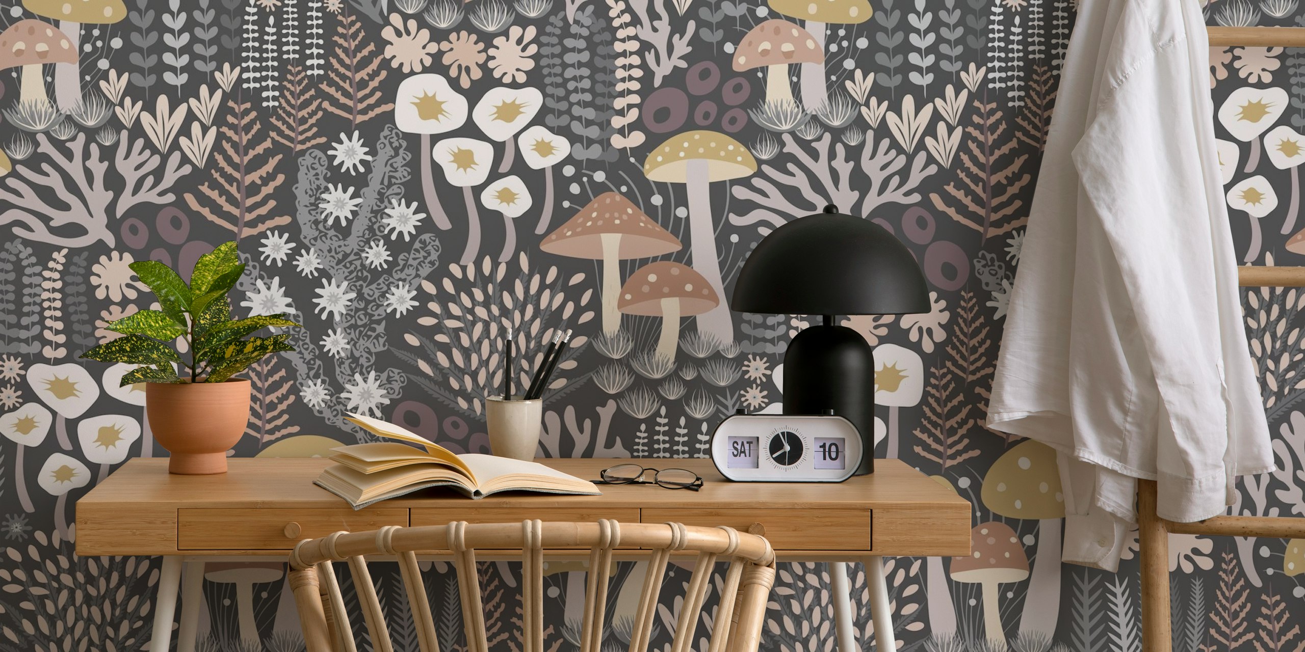 Whimsical mushroom moss forest wallpaper in a room