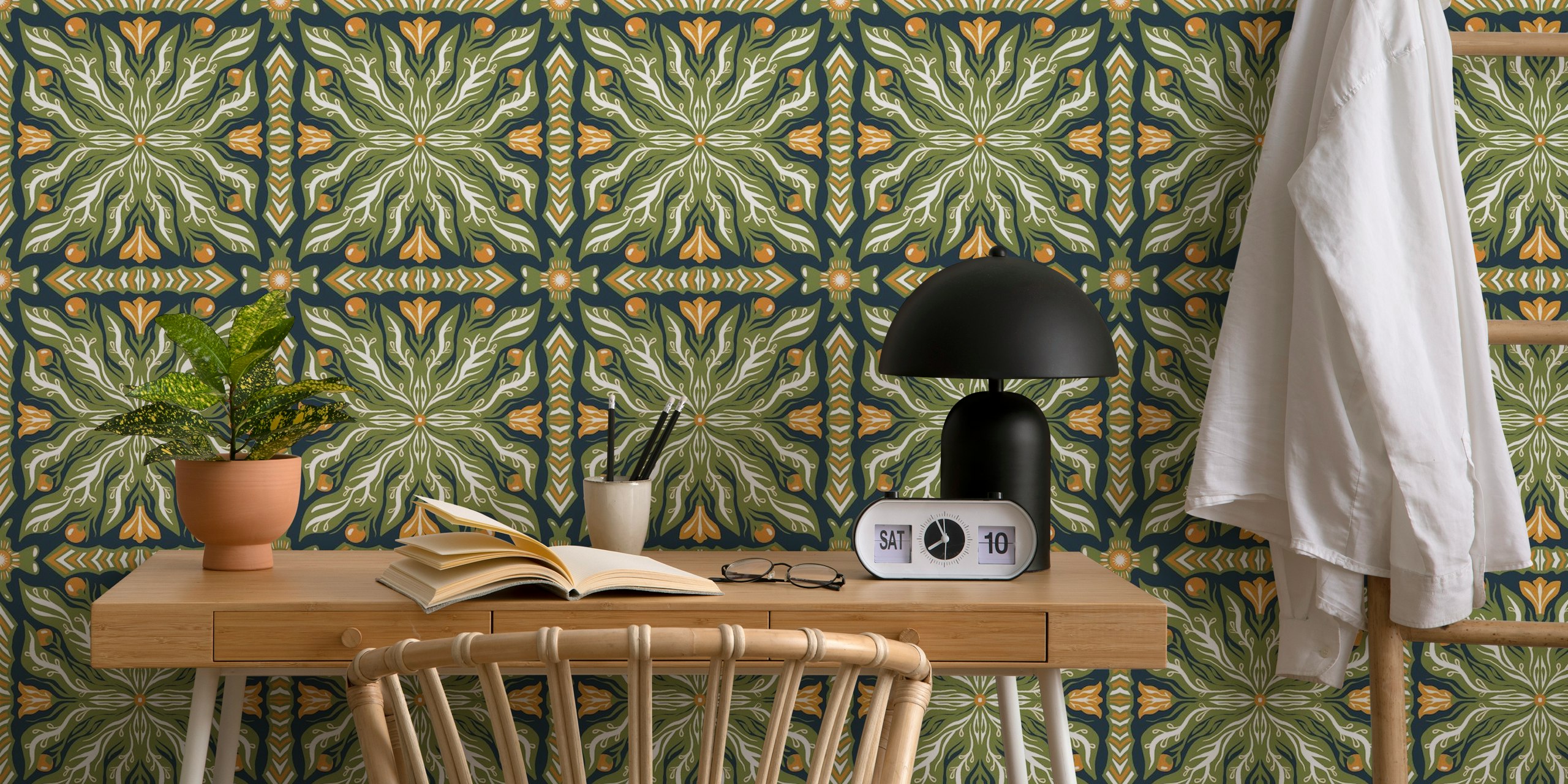 Green symmetrical garden pattern wall mural with intricate nature-inspired designs and gold accents.