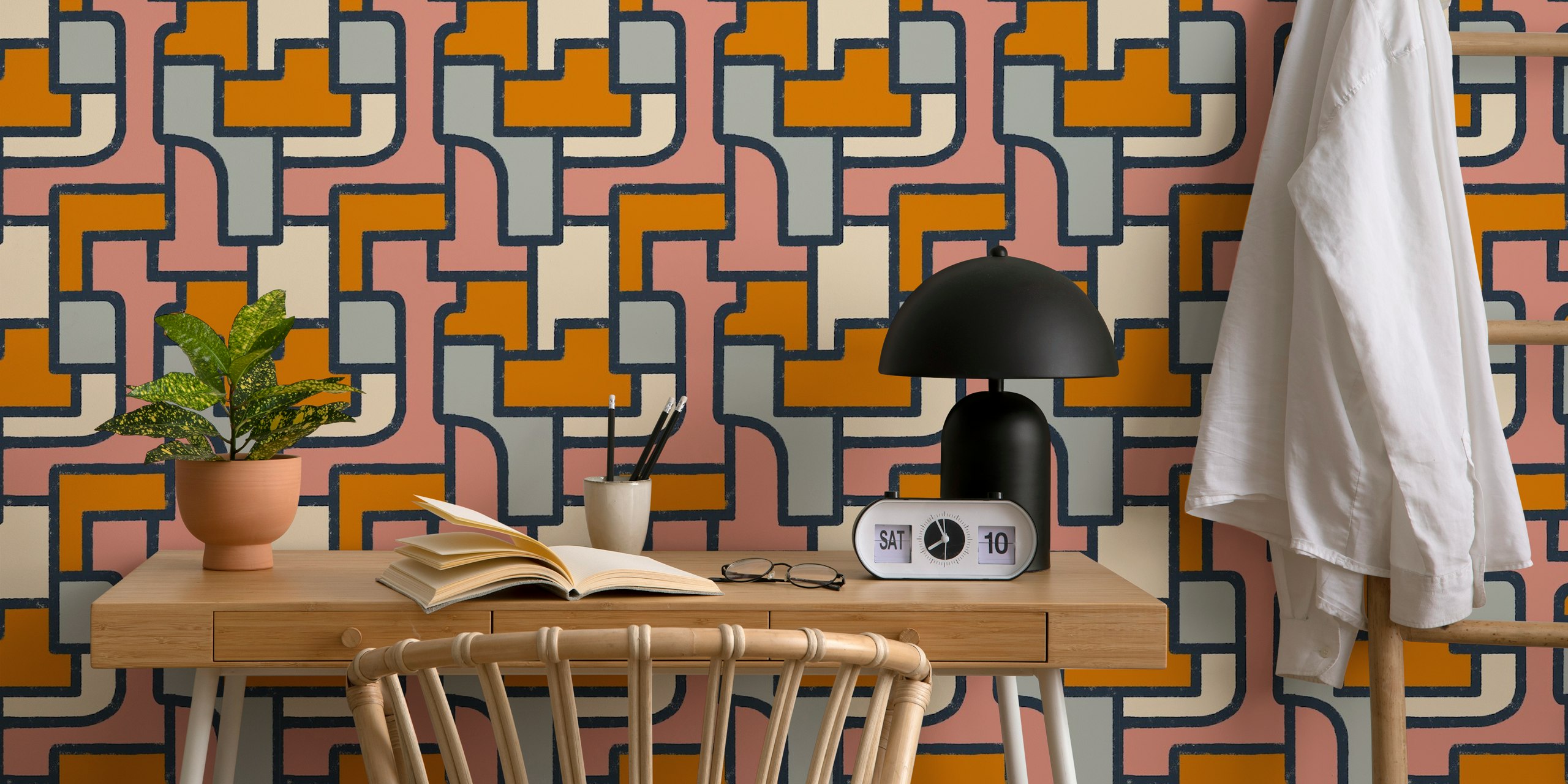 Mural de parede de formas abstratas coloridas com formas e linhas entrelaçadas em laranja, rosa, creme e cinza