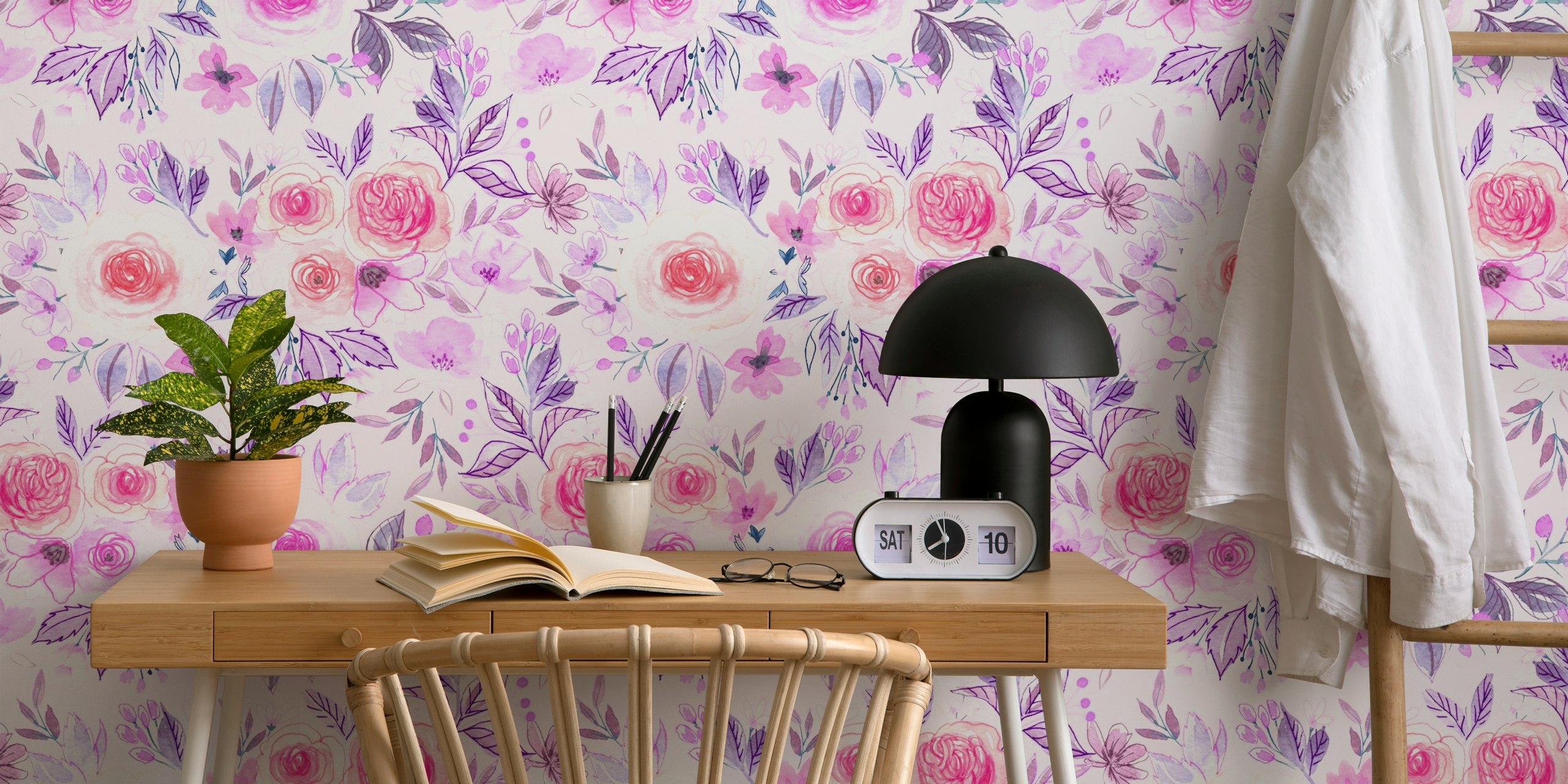 Watercolor floral wallpaper in pink and violet shades