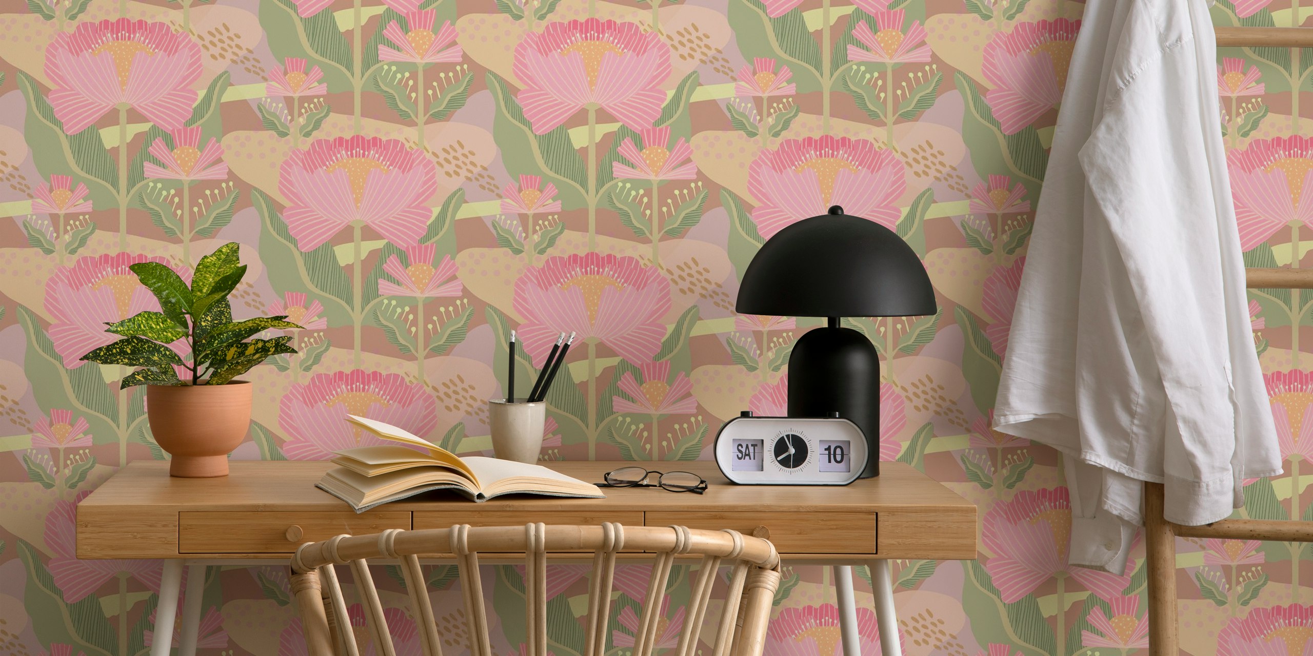 Papel pintado Water Lilies Pattern Pink en una habitación