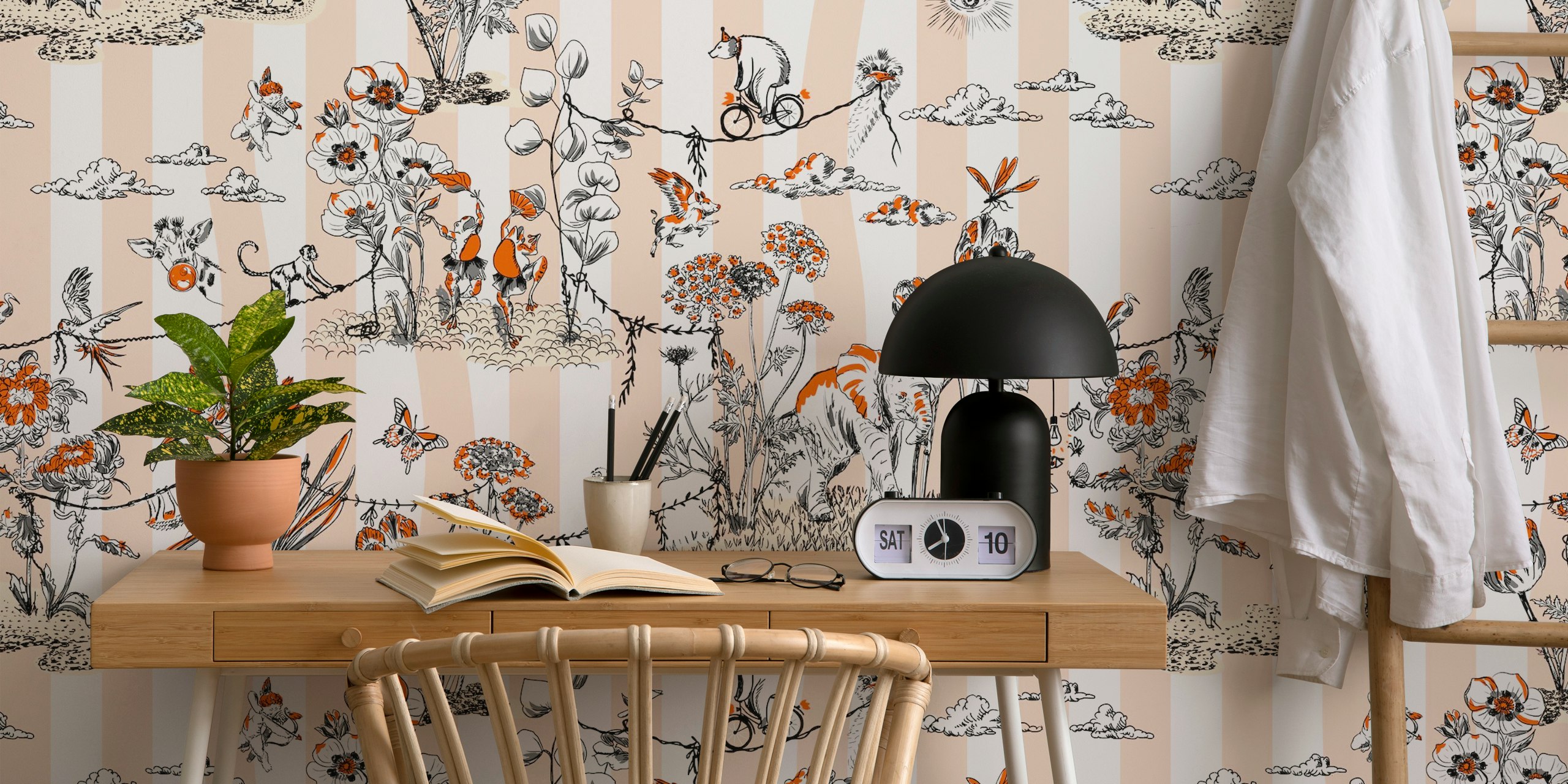 Whimsical jungle scene with animals and flowers in orange and white wallpaper