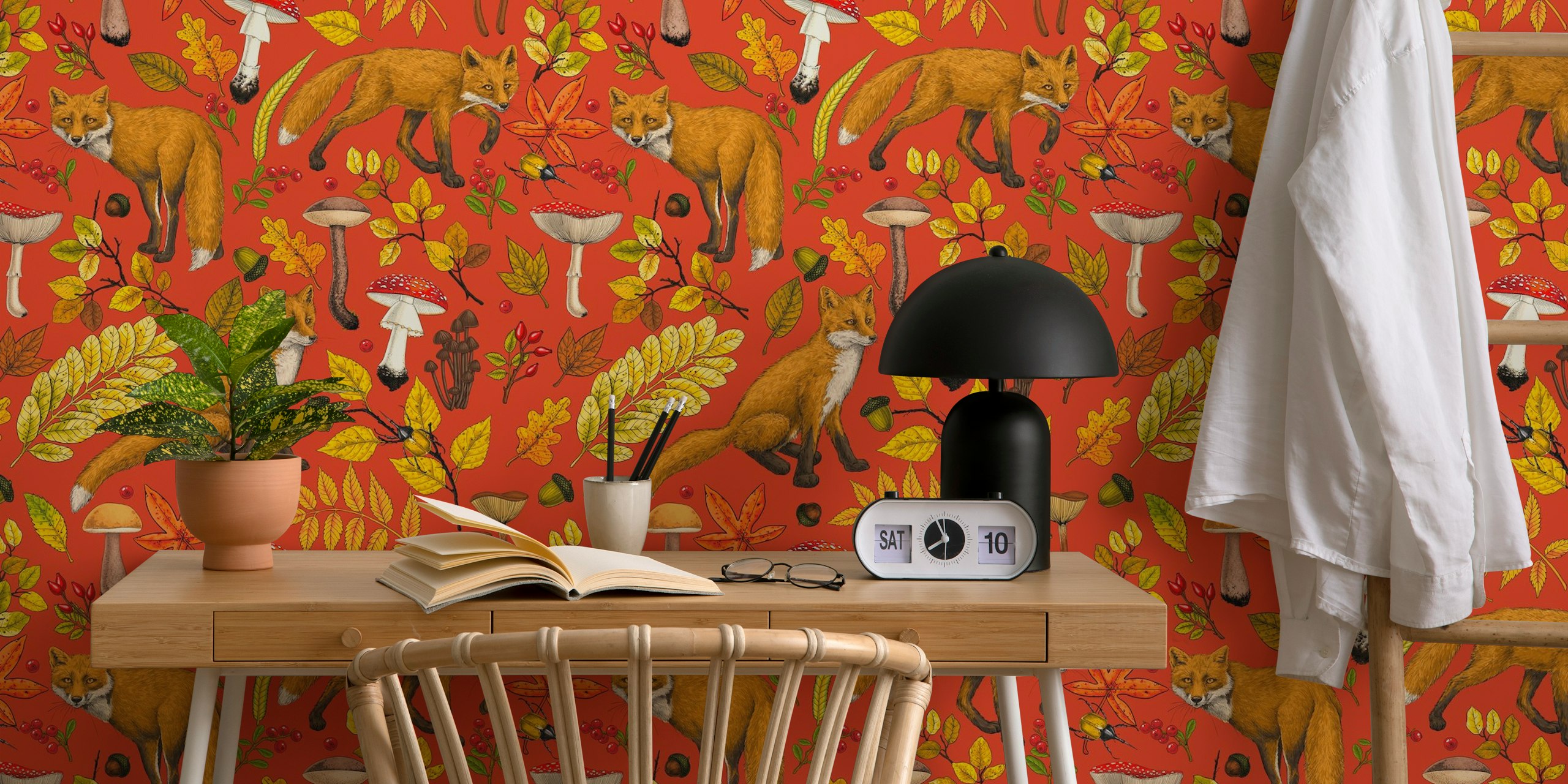 Autumn foxes with höstlöv tapet