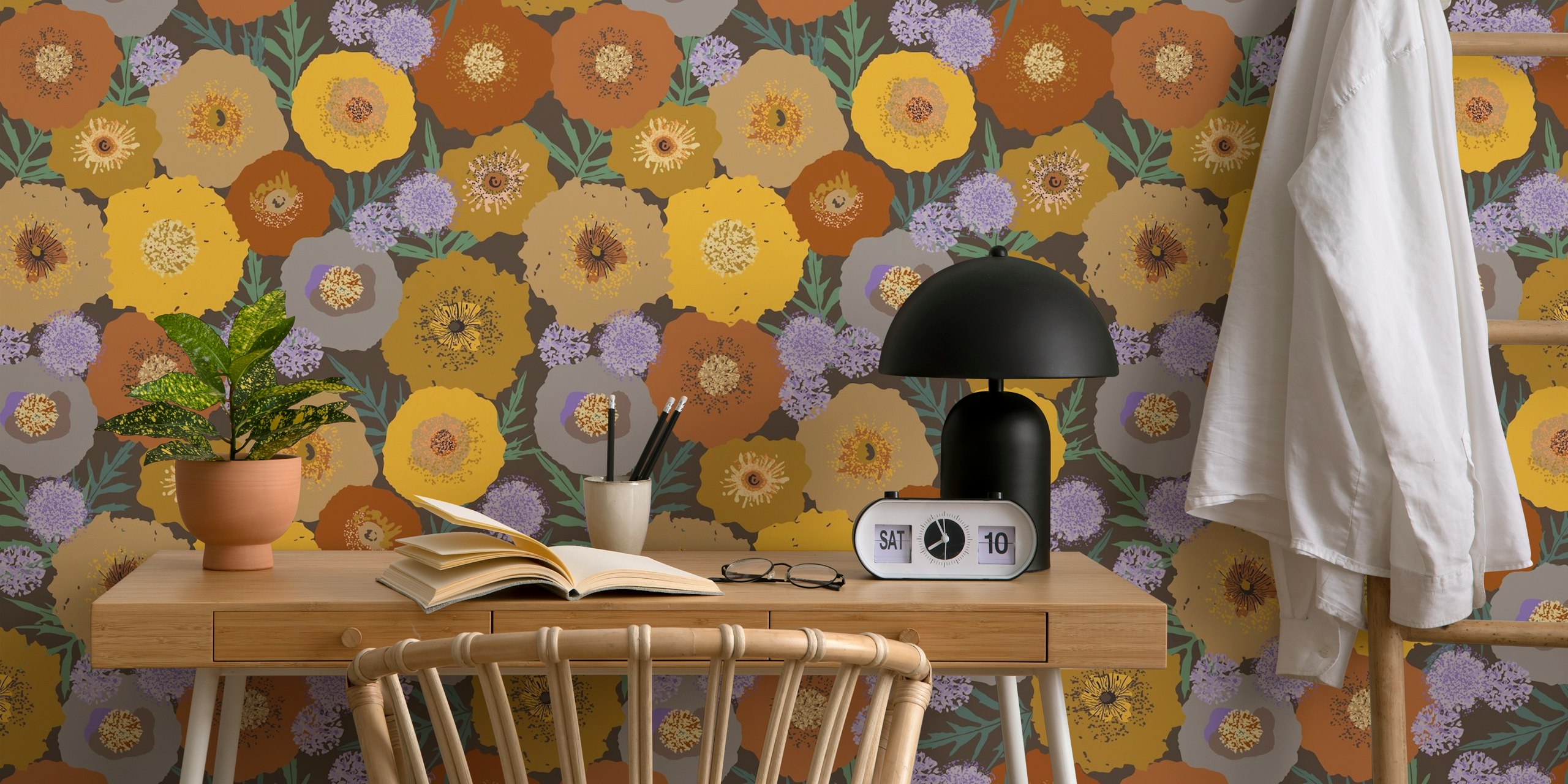 Bold flower wallpaper in a room setting