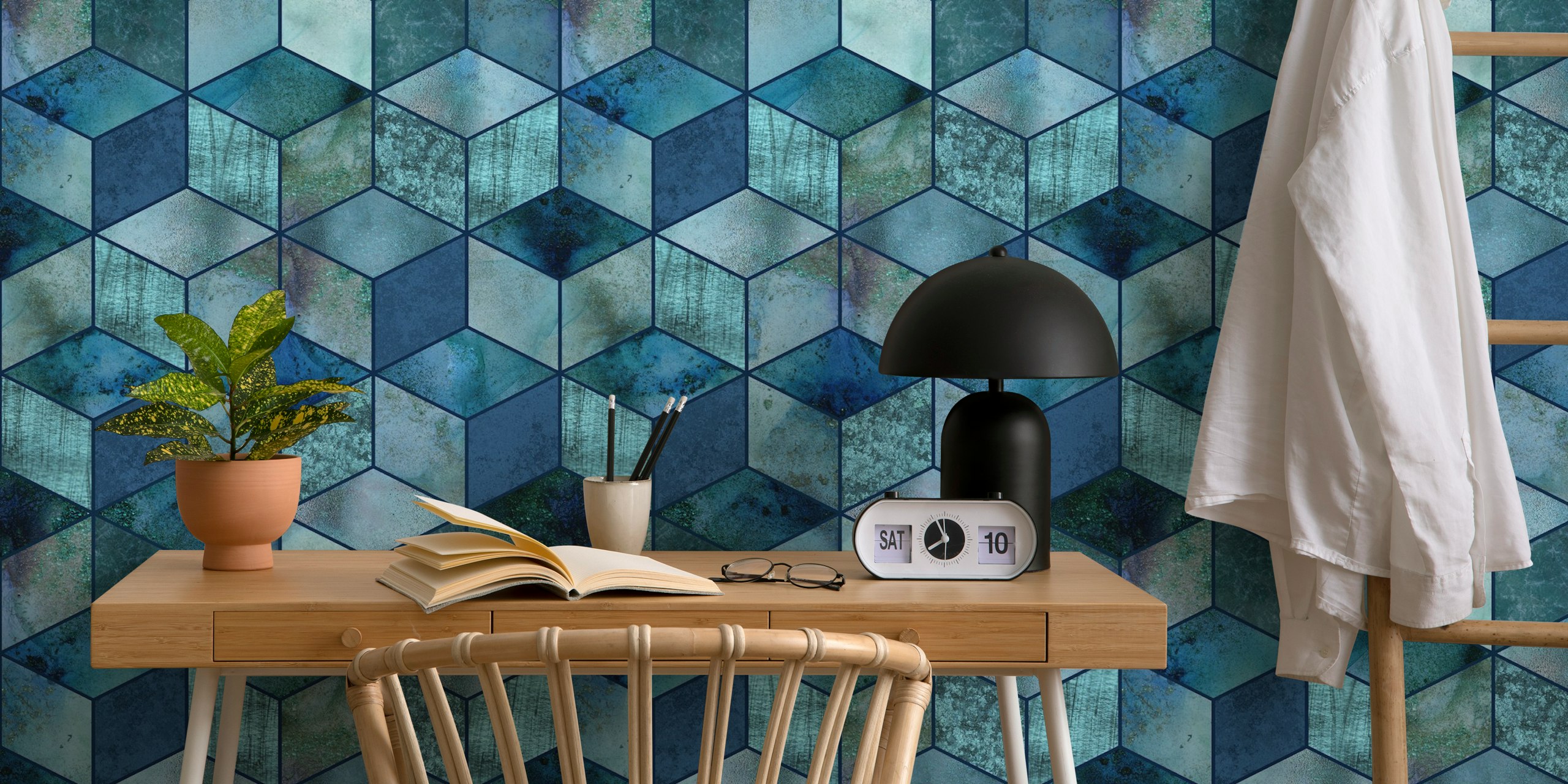 Geometric honeycomb pattern in shades of blue wallpaper
