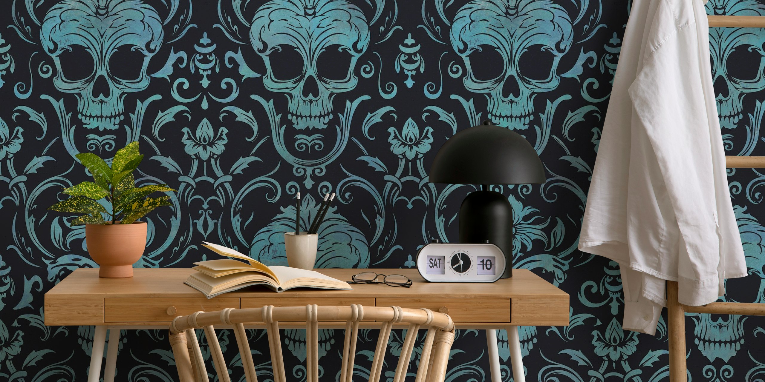 Mörk gotisk elegans skalle damastmönster kricka Svart väggmålning