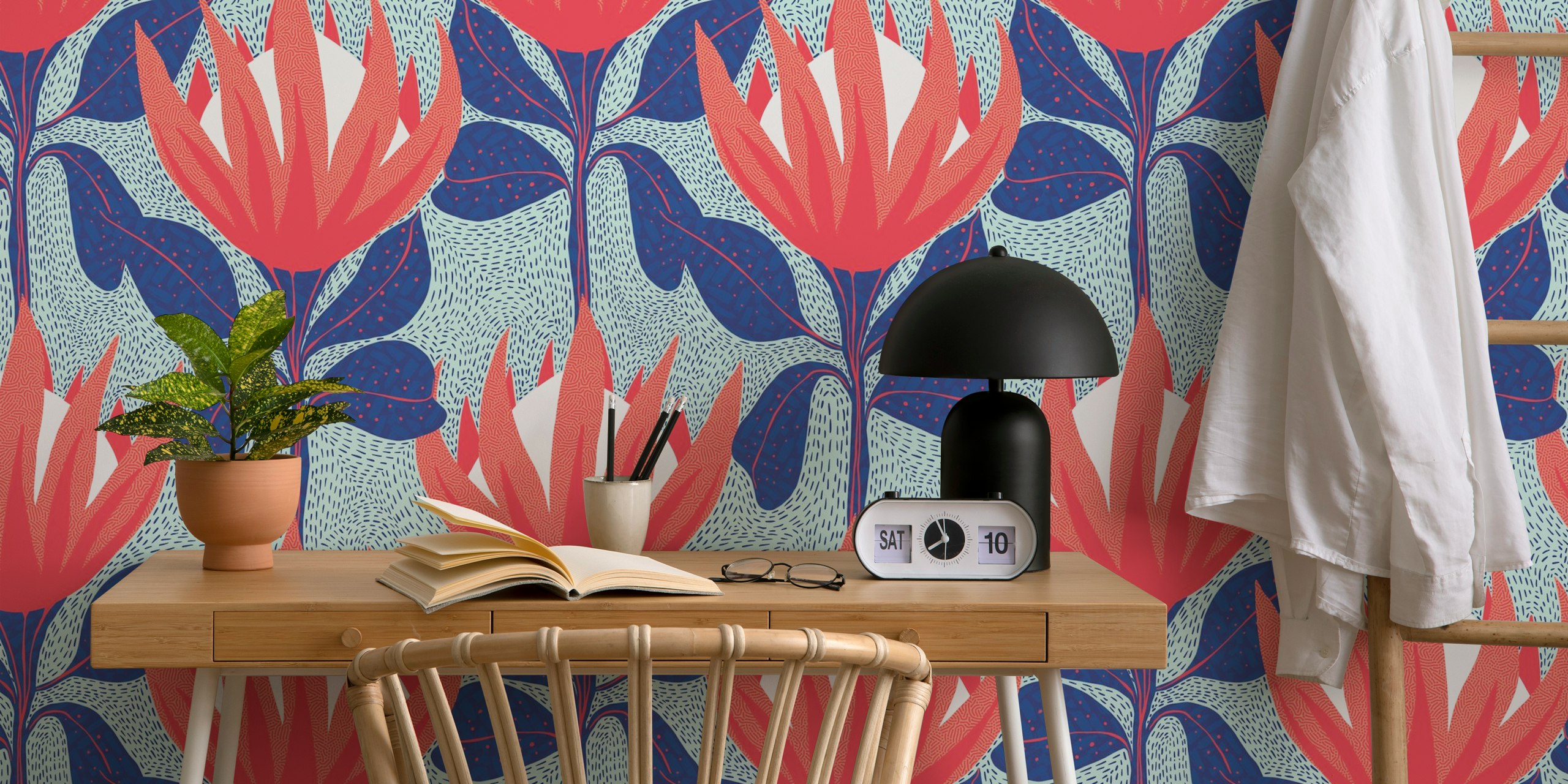 Rood en blauw bloemenpatroon wallpaper