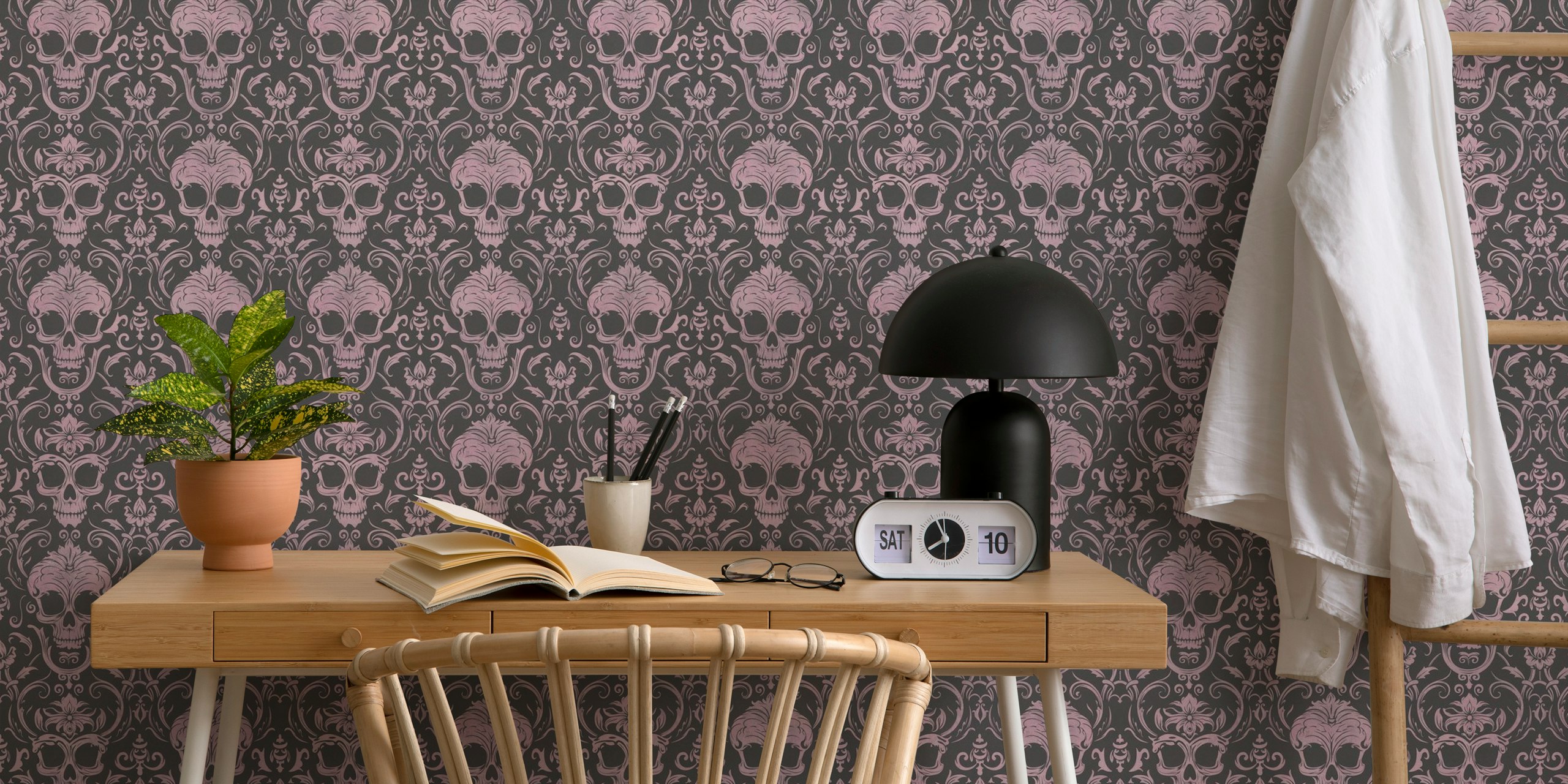 Gothic skull damask pattern in pastel pink and dark shades wallpaper