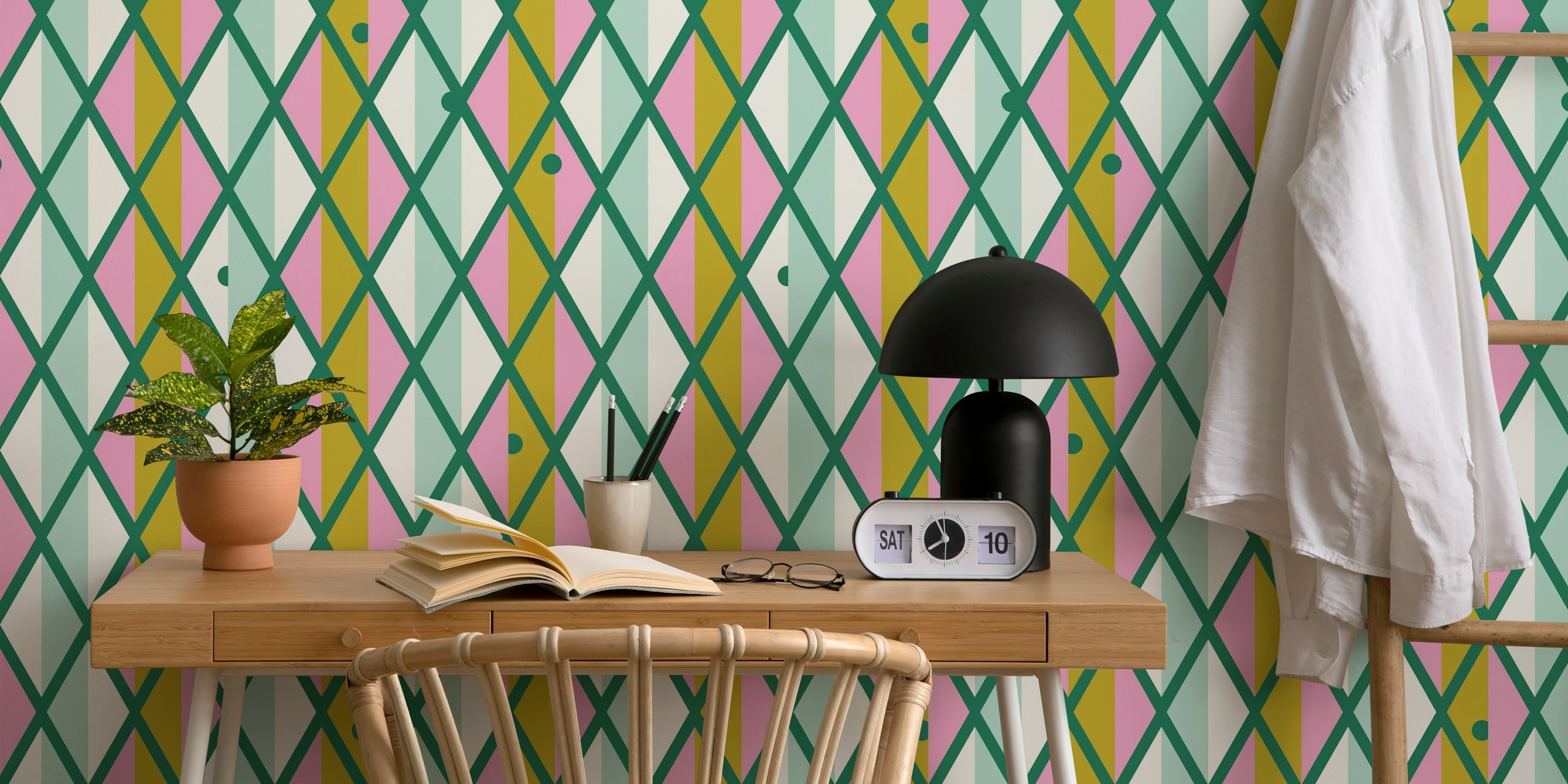 Harlequin pattern in green, mint, and pink wallpaper
