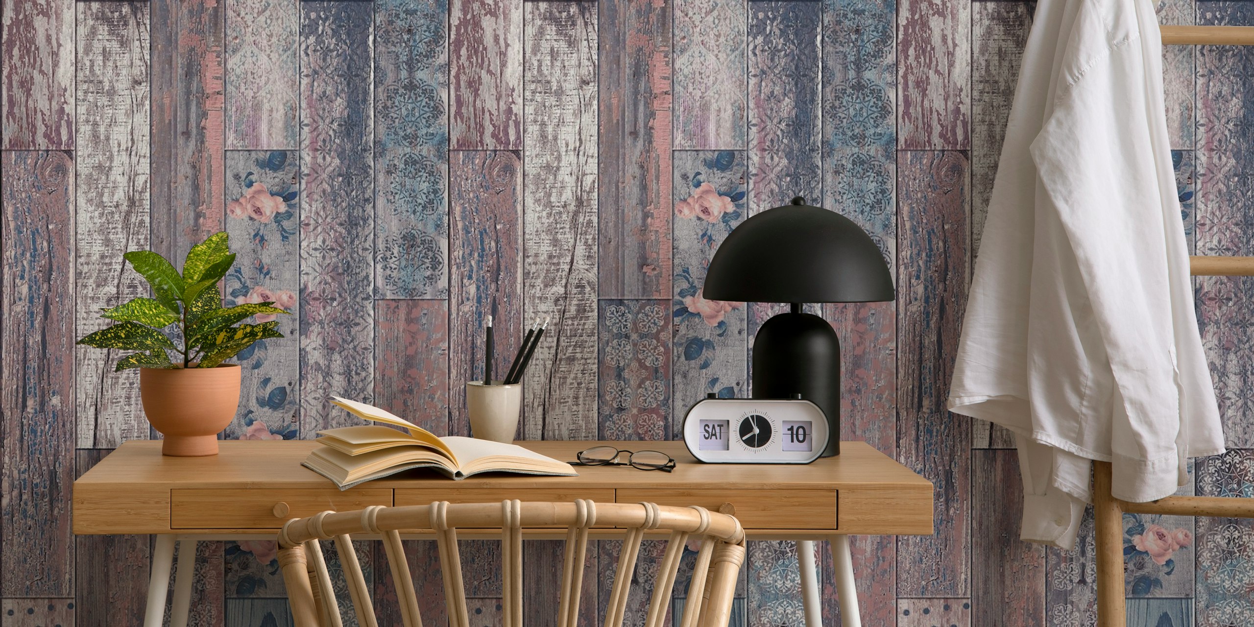 Vintage wood tiles pattern wallpaper in a room