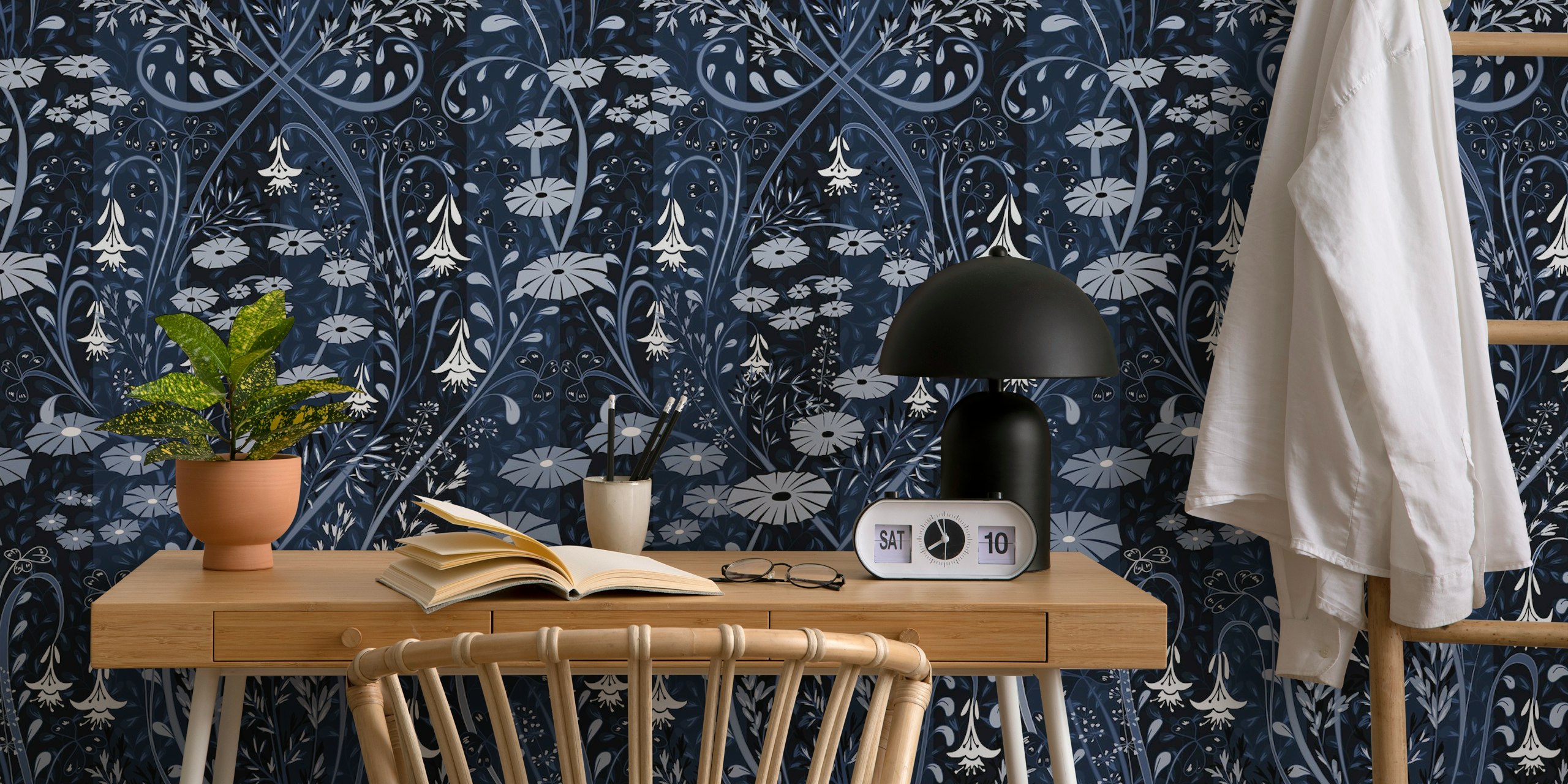 Floral patterns with white flowers and vines on midnight blue wallpaper