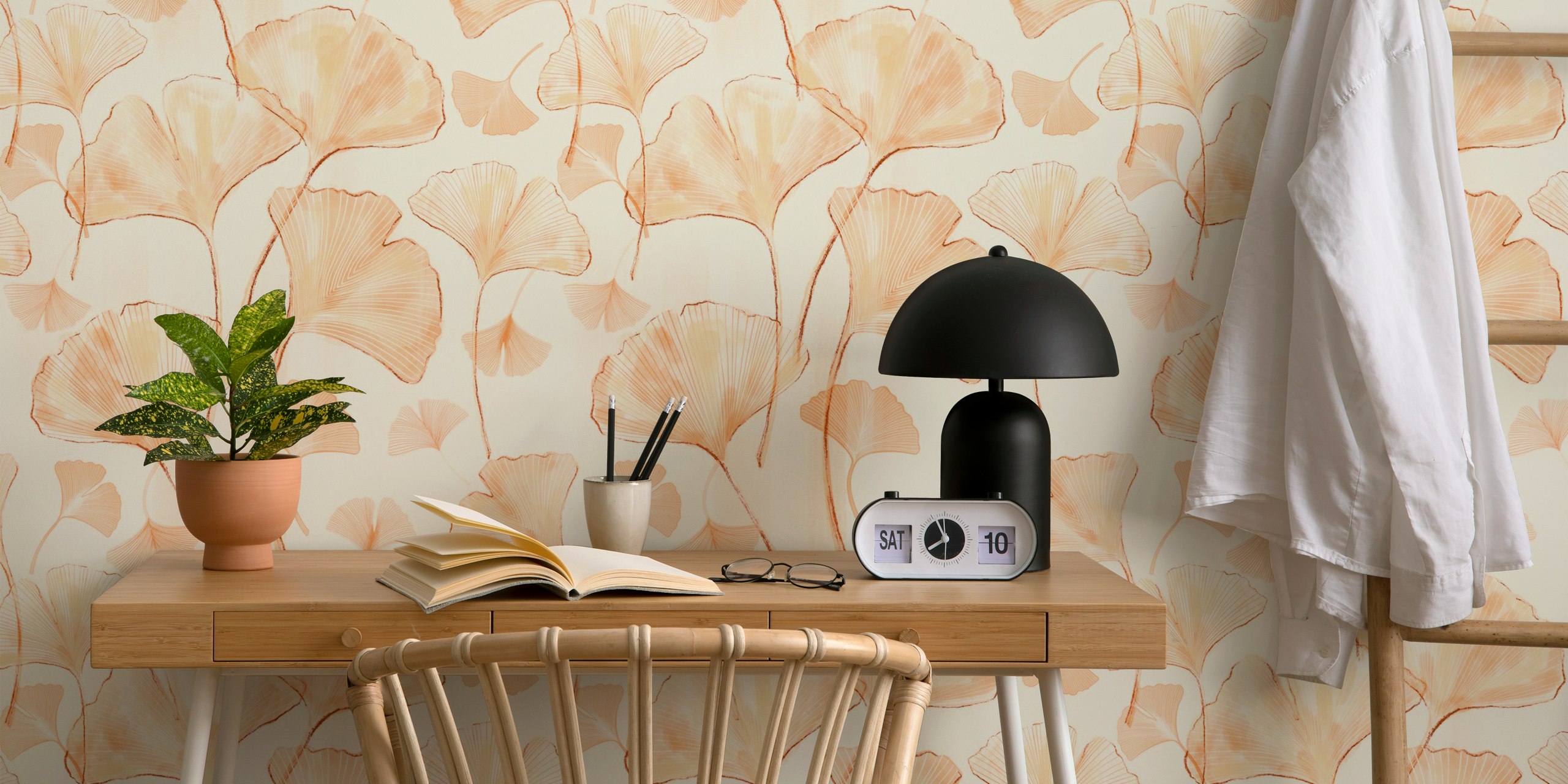 Peach ginkgo leaves in delicate design wallpaper