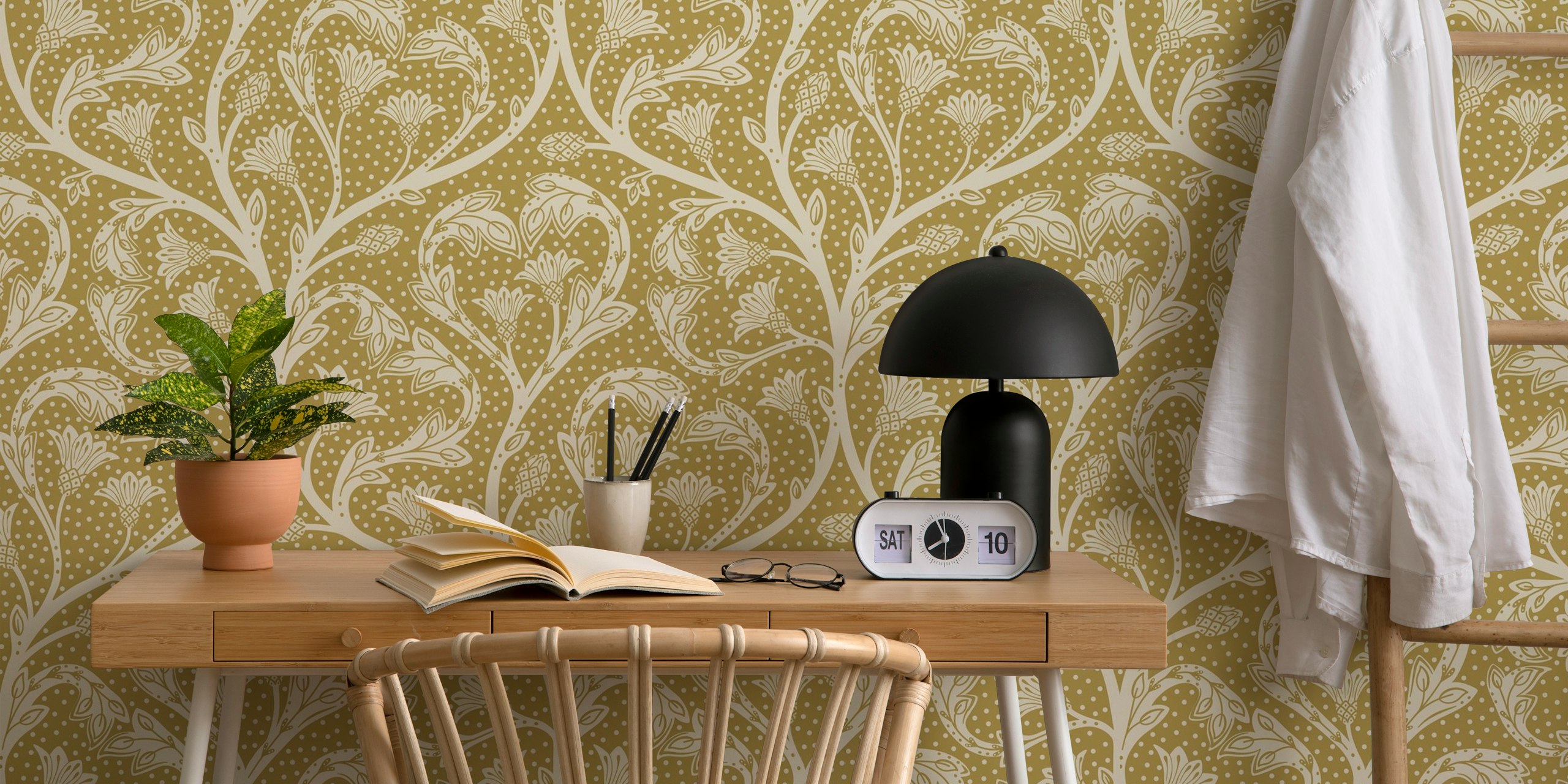 Floral pattern with dandelion motifs in gold and cream colors wallpaper