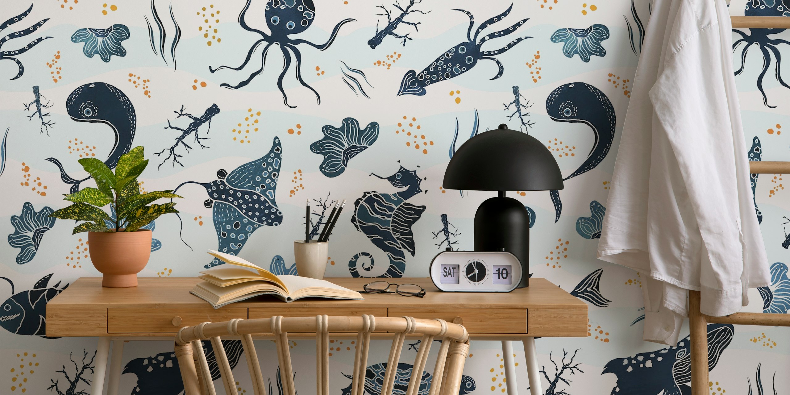 Ocean Life White wallpaper displayed in a room