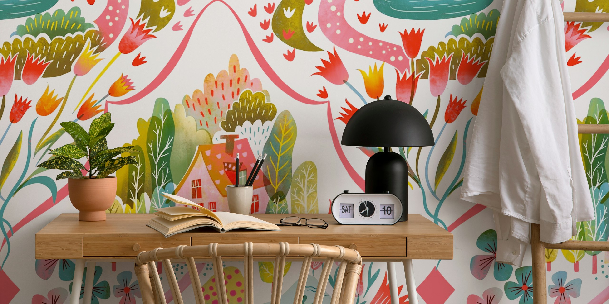 Blooming garden houses wallpaper in a room