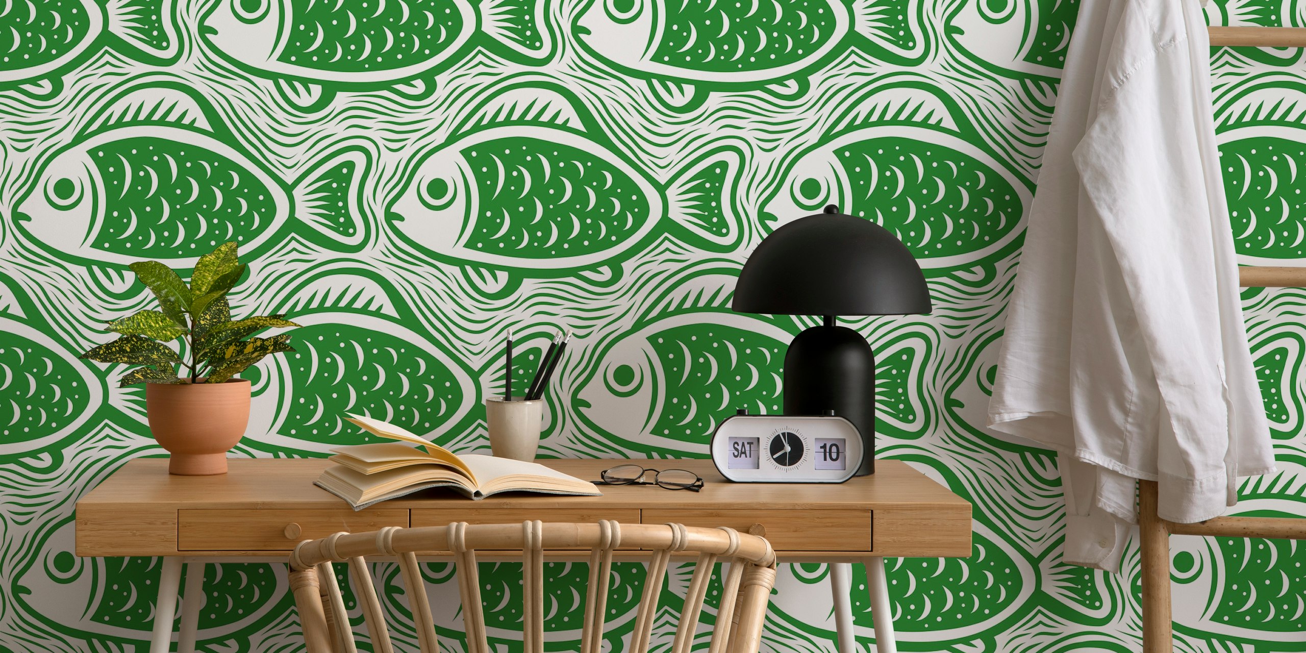 Block print fishes pattern σε πράσινο ταπετσαρία