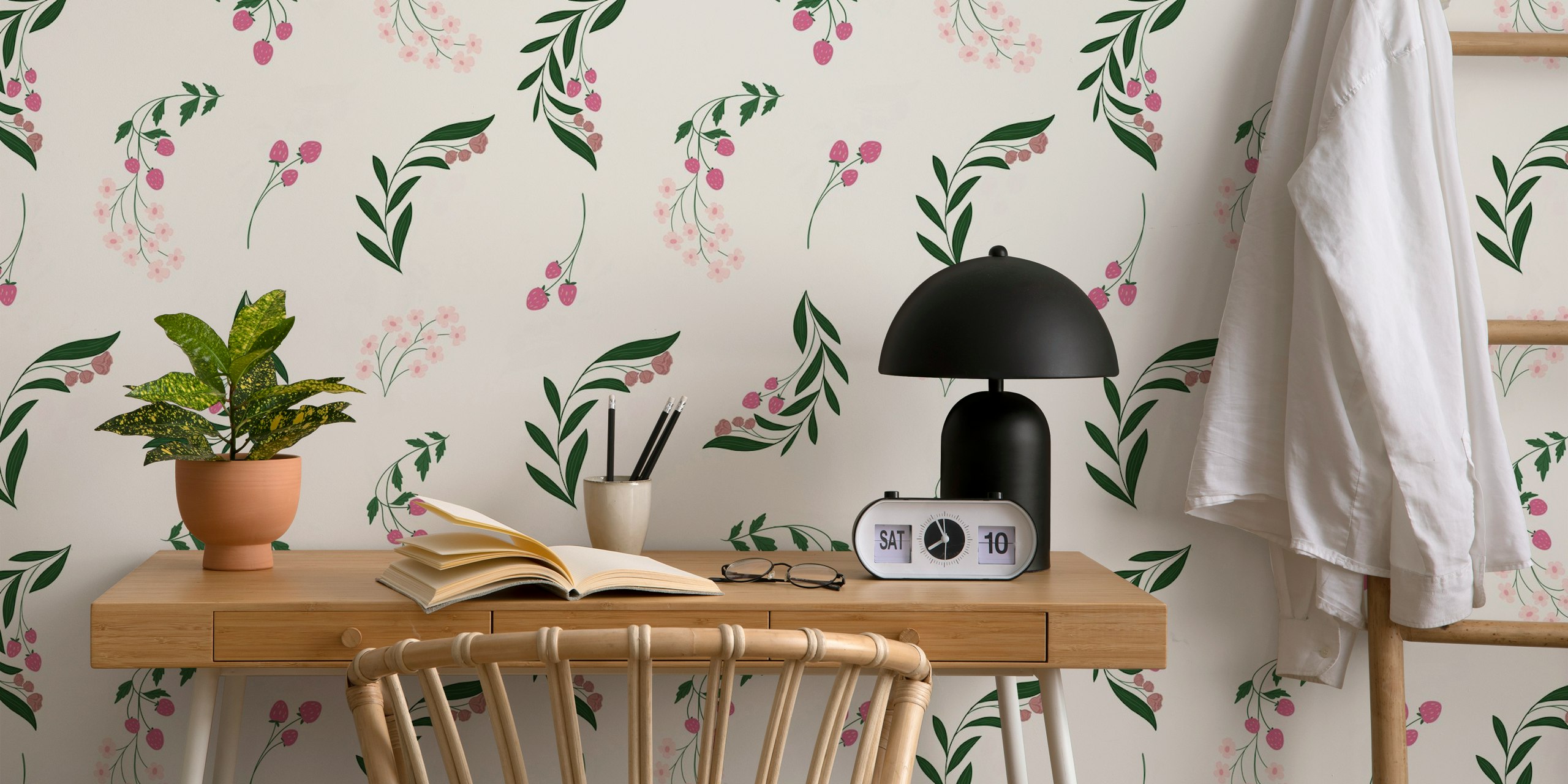Pink strawberry and delicate botanicals wallpaper design
