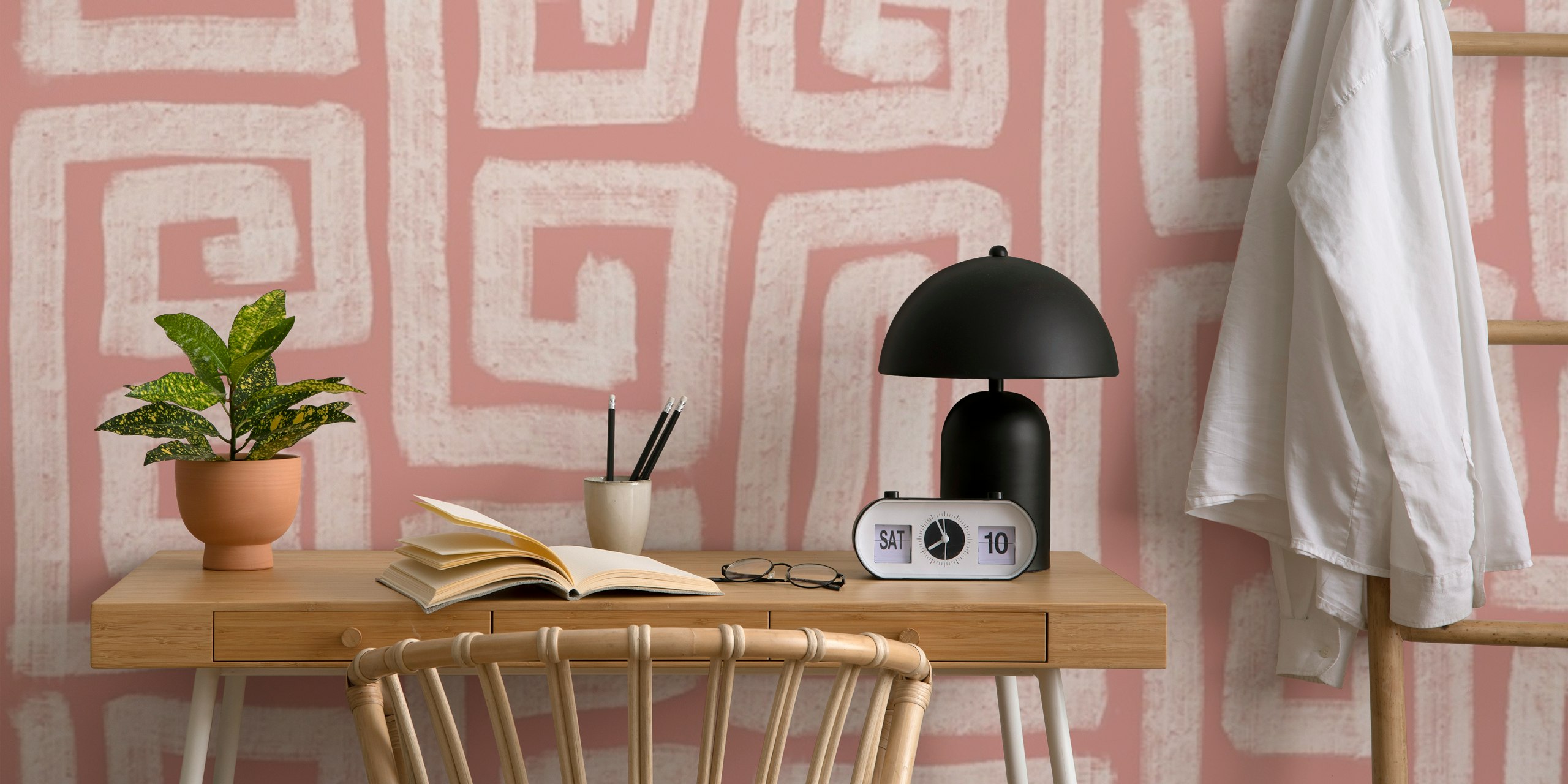 Geometric Greek key pattern in dust pink and white wallpaper