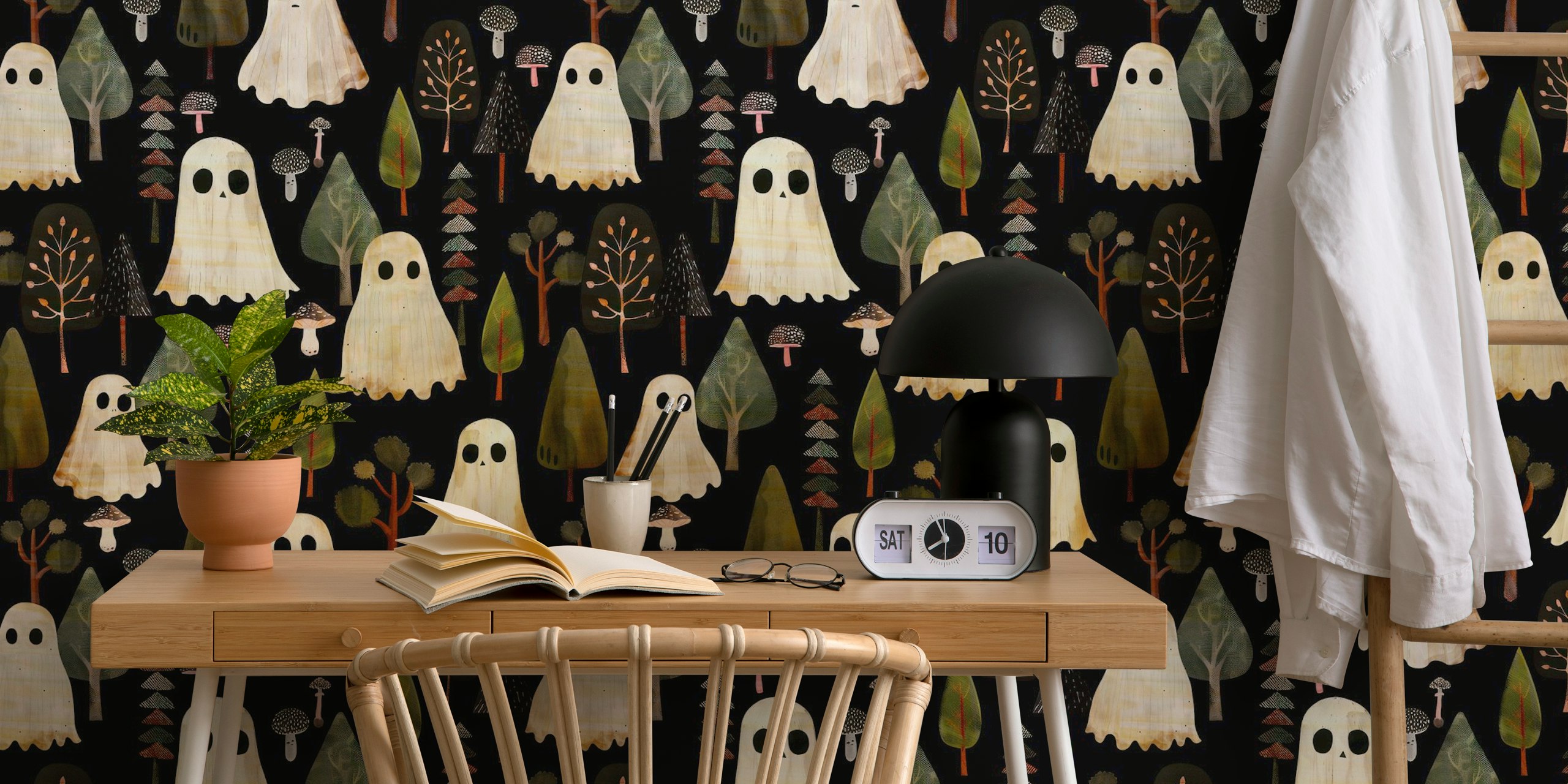 Cute ghosts and trees on black background wallpaper