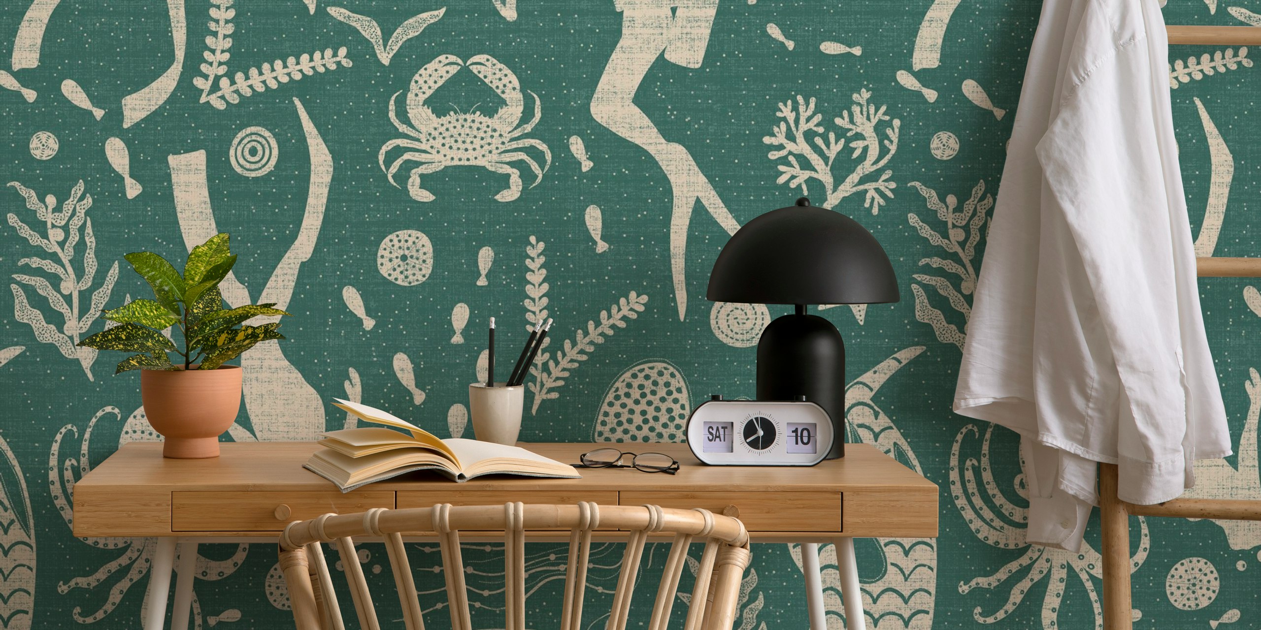 Scuba Toile Teal Wall Mural with Ocean Life Patterns
