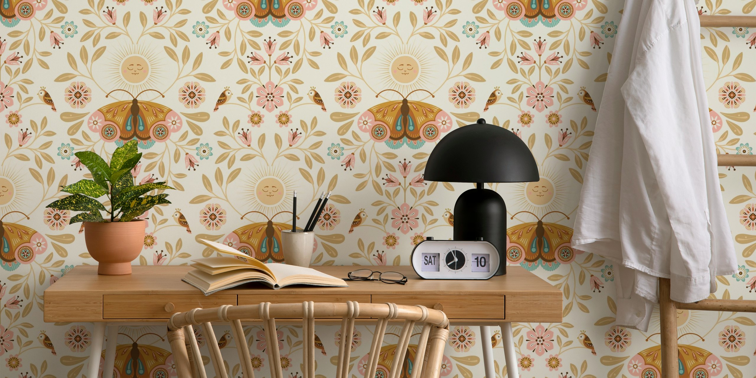 Floral motifs, moths, and leaves in soft pastels wallpaper