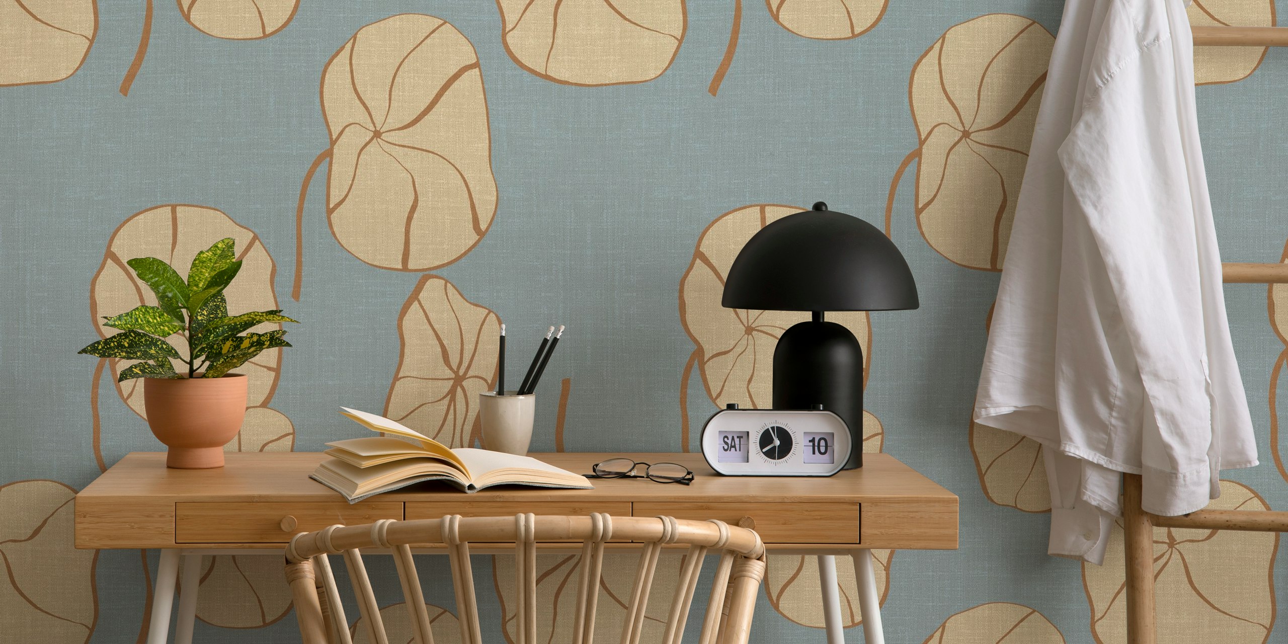 Lotus leaves wallpaper in a room setting