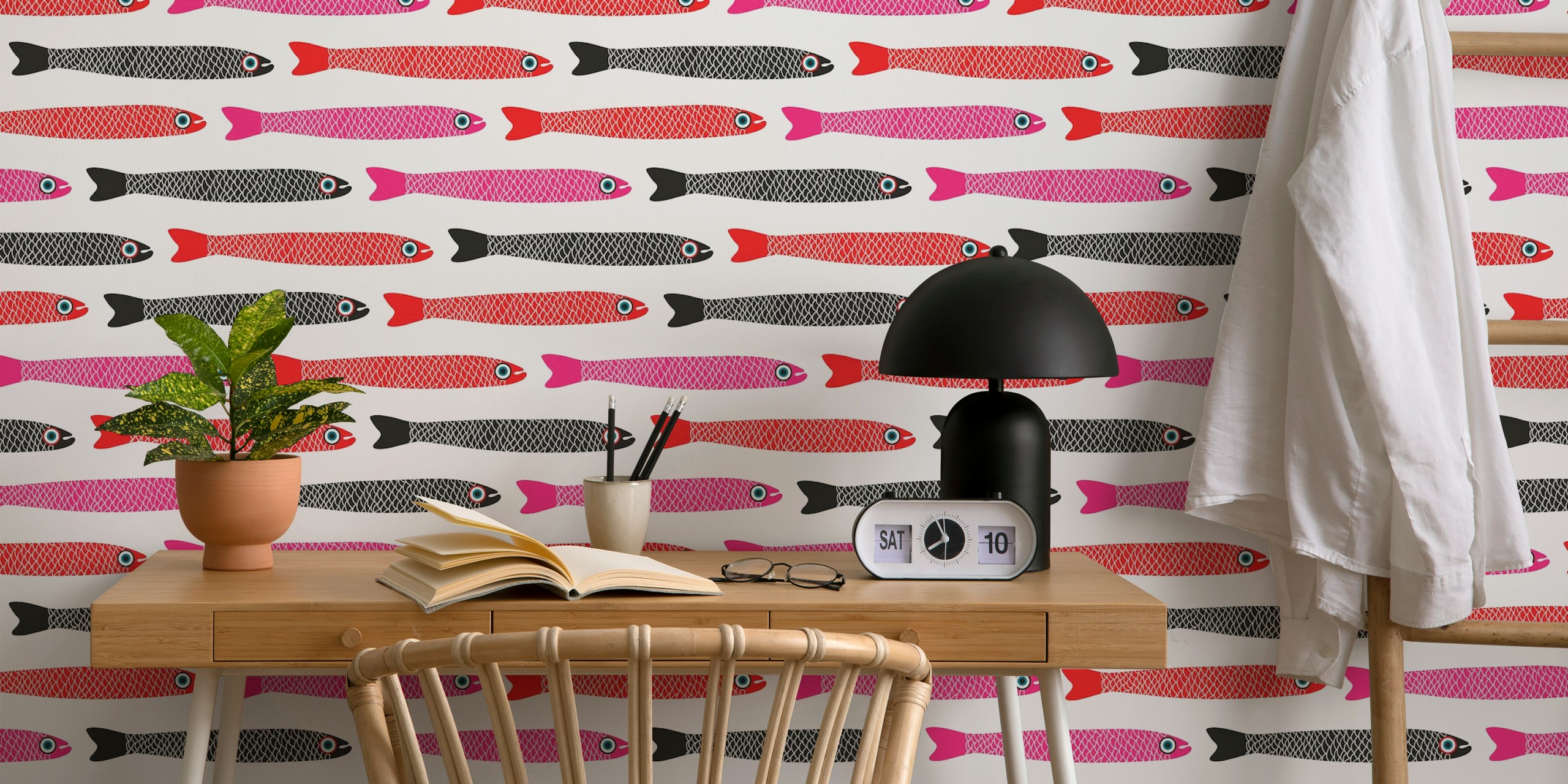 Retro Fish Pattern Wallpaper In A Bright Room