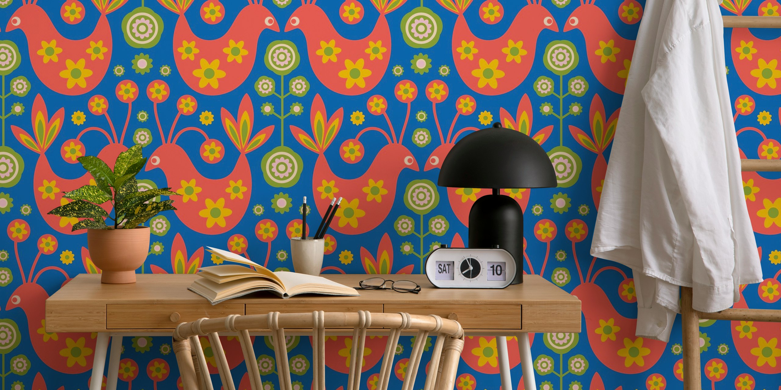 Love Ptaki Retro Scandi Kwiatowa Fototapeta Z Motywami W Kolorze Czerwonym I Królewskim Błękicie