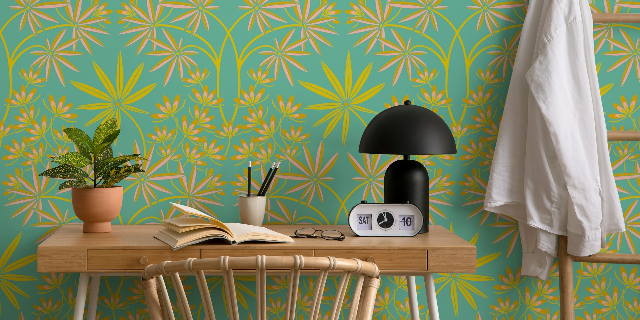 Papier peint mural à motif damassé floral tropical en turquoise