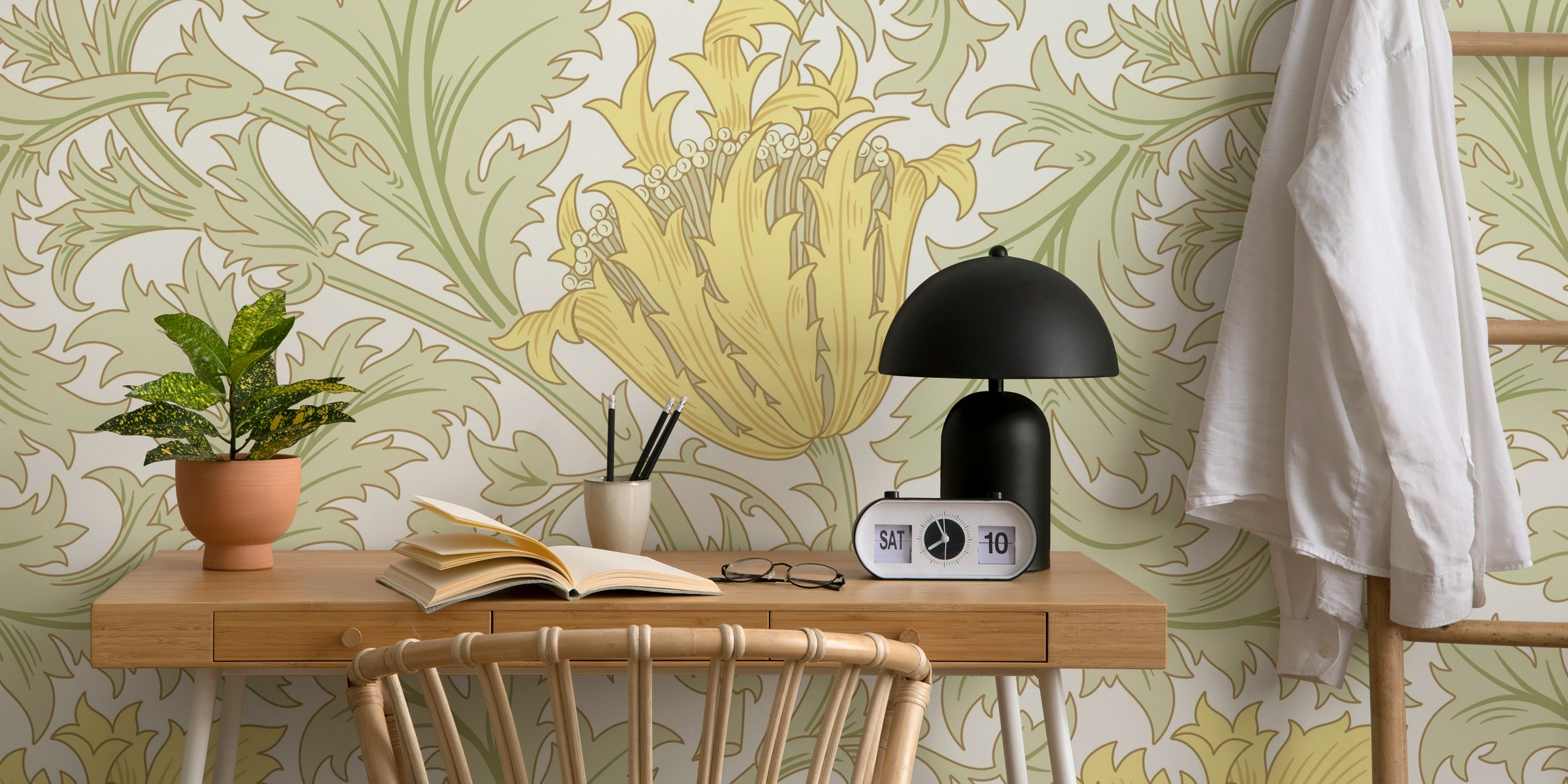 Decorazione murale con motivo anemone in stile vittoriano in giallo pallido