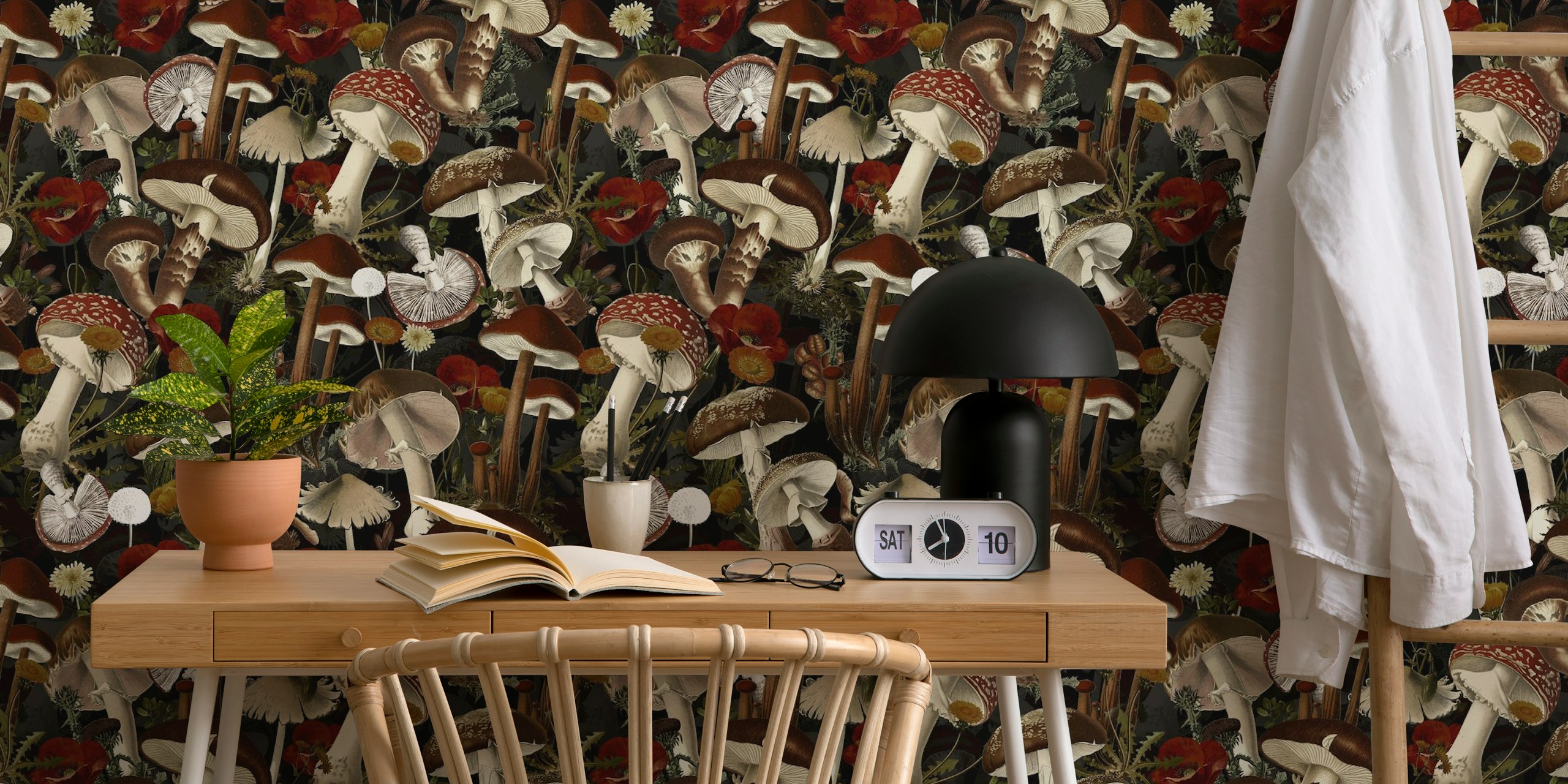 Mushroom and flower patterns in dark colors wallpaper