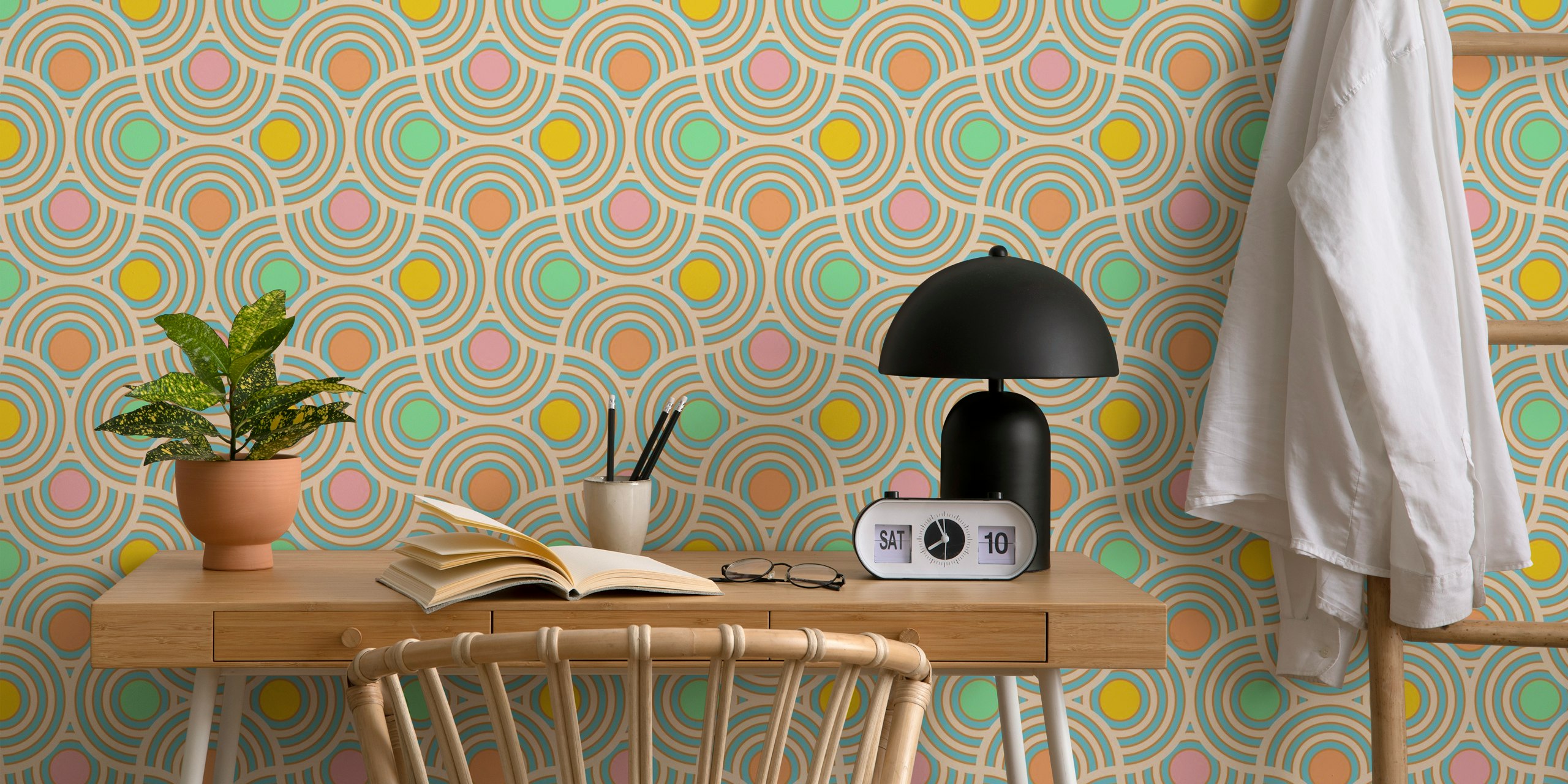 Fotomural con estampado de vieiras geométricas en colores pastel para decoración de interiores