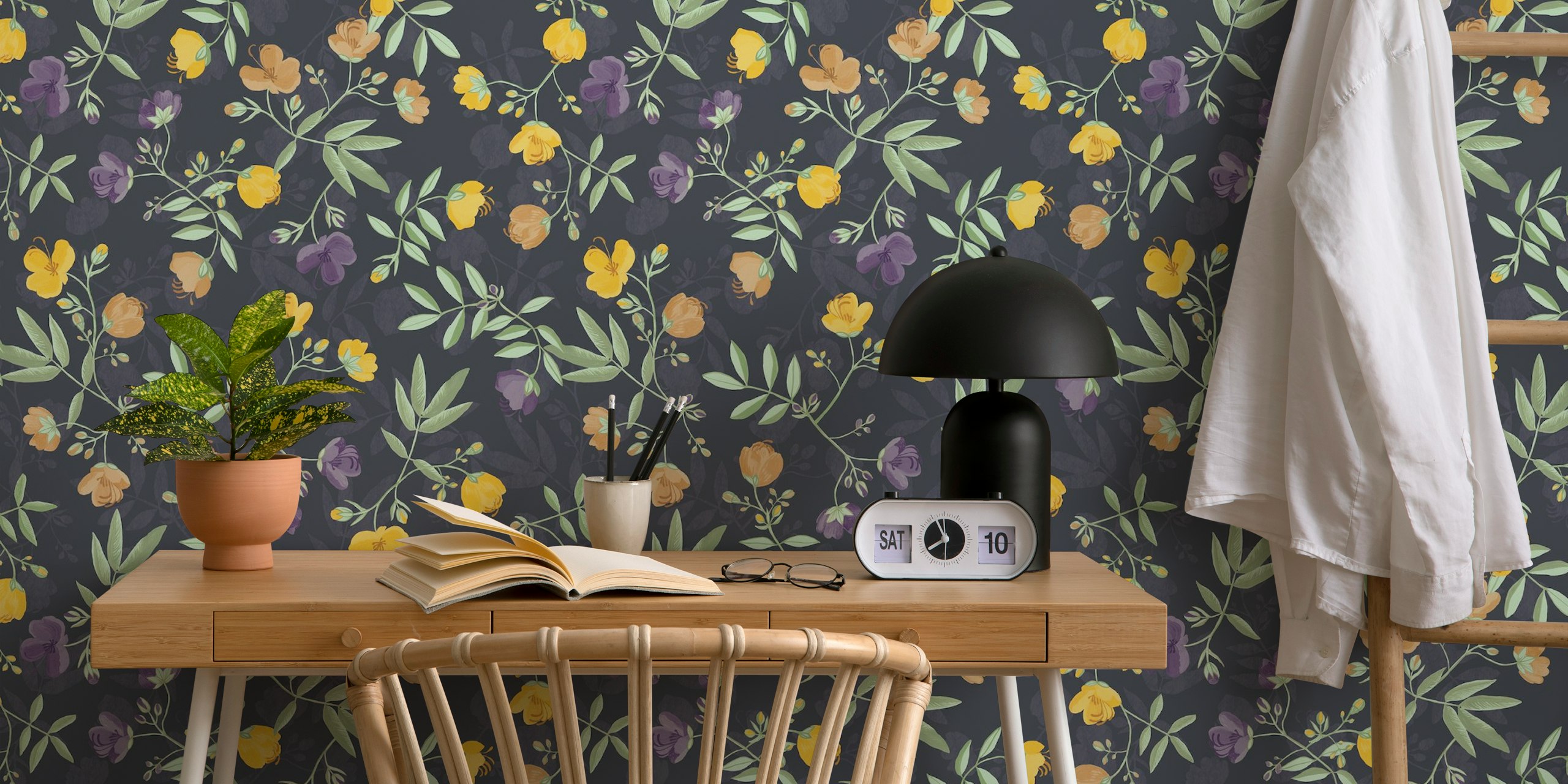Midnight floral wallpaper with yellow and purple flowers and green leaves.