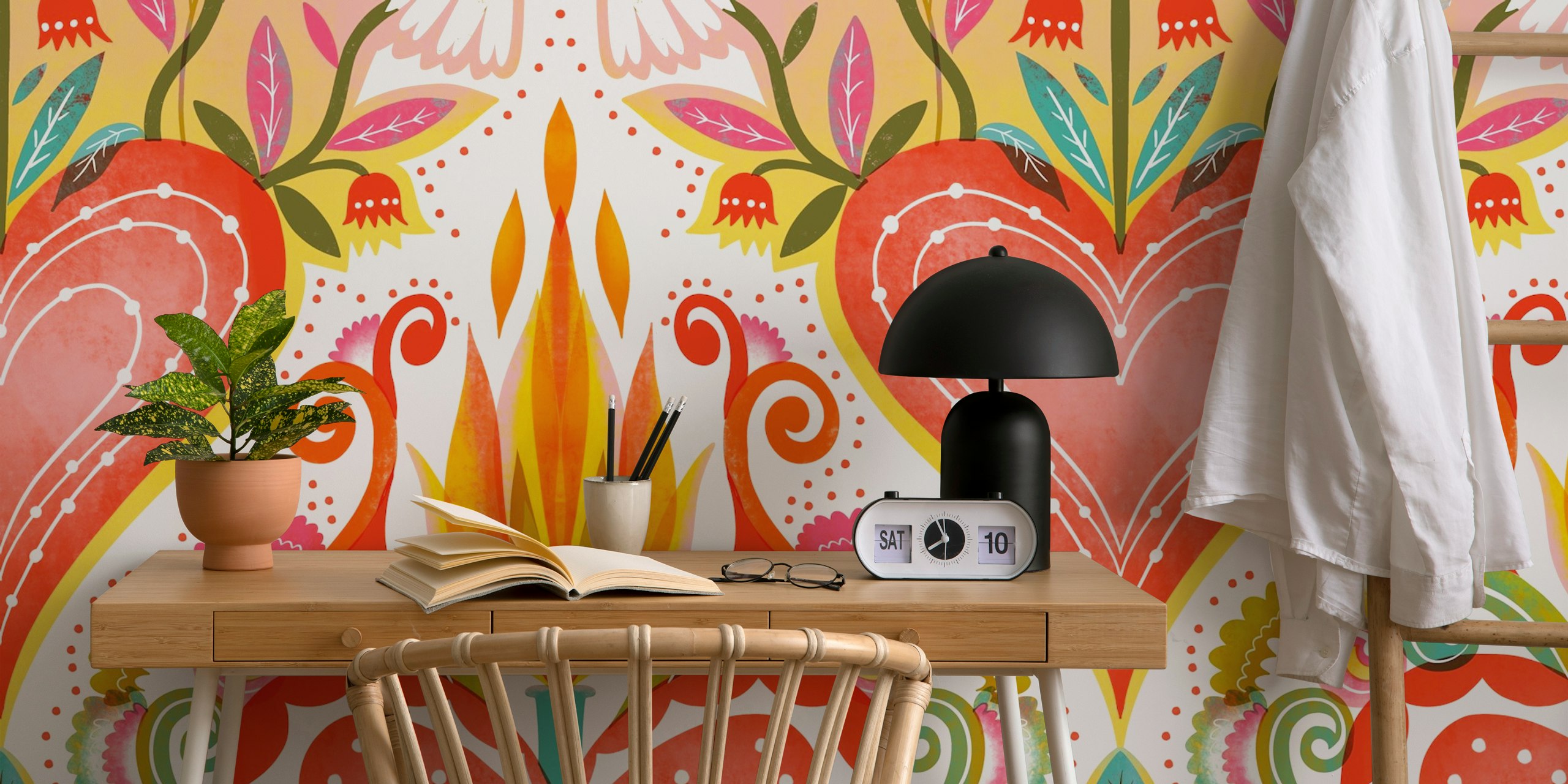 Colorful floral heart design in red, yellow, and green wallpaper