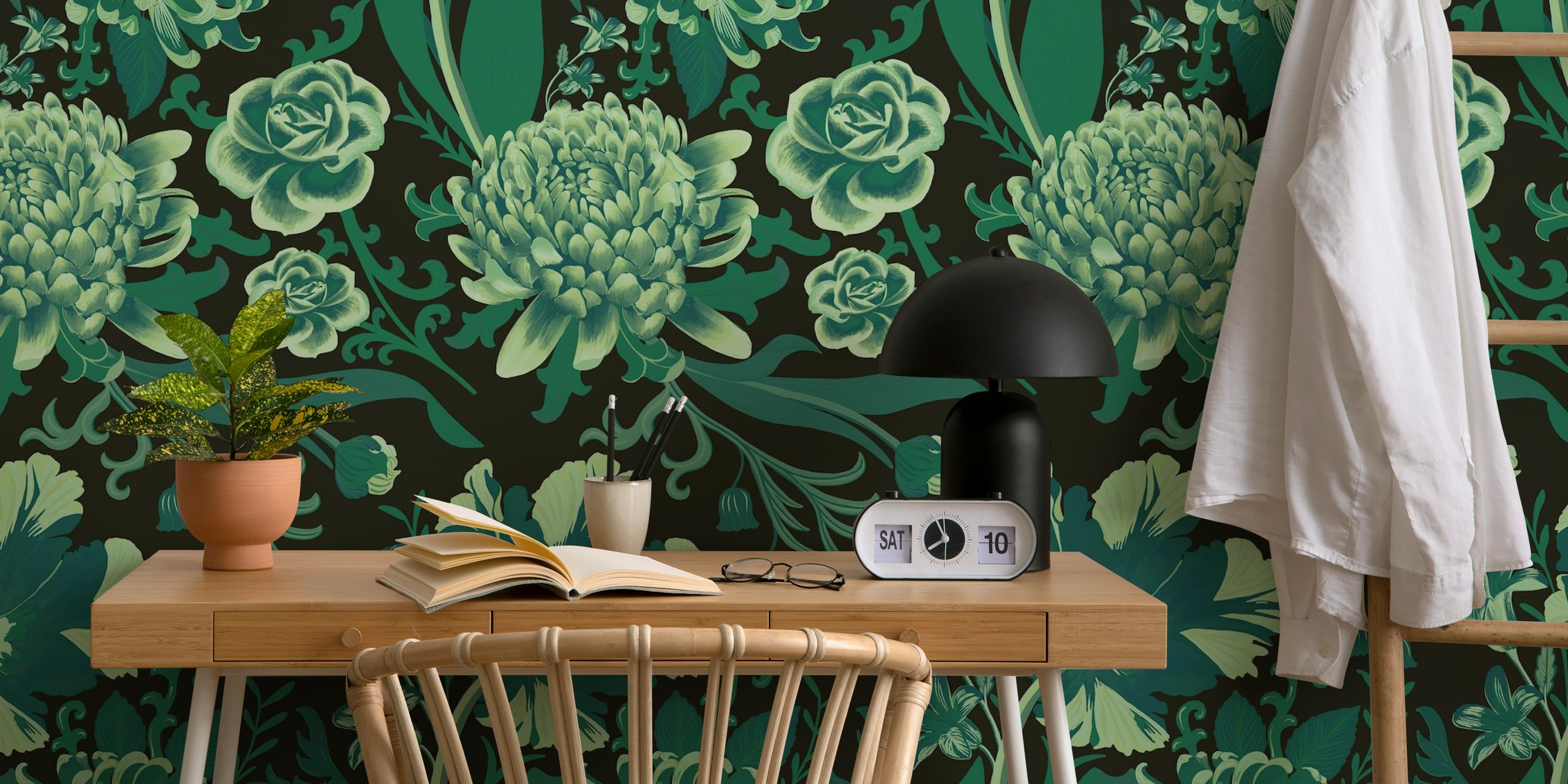 Rococo flowers in green papel de parede exibido em uma sala