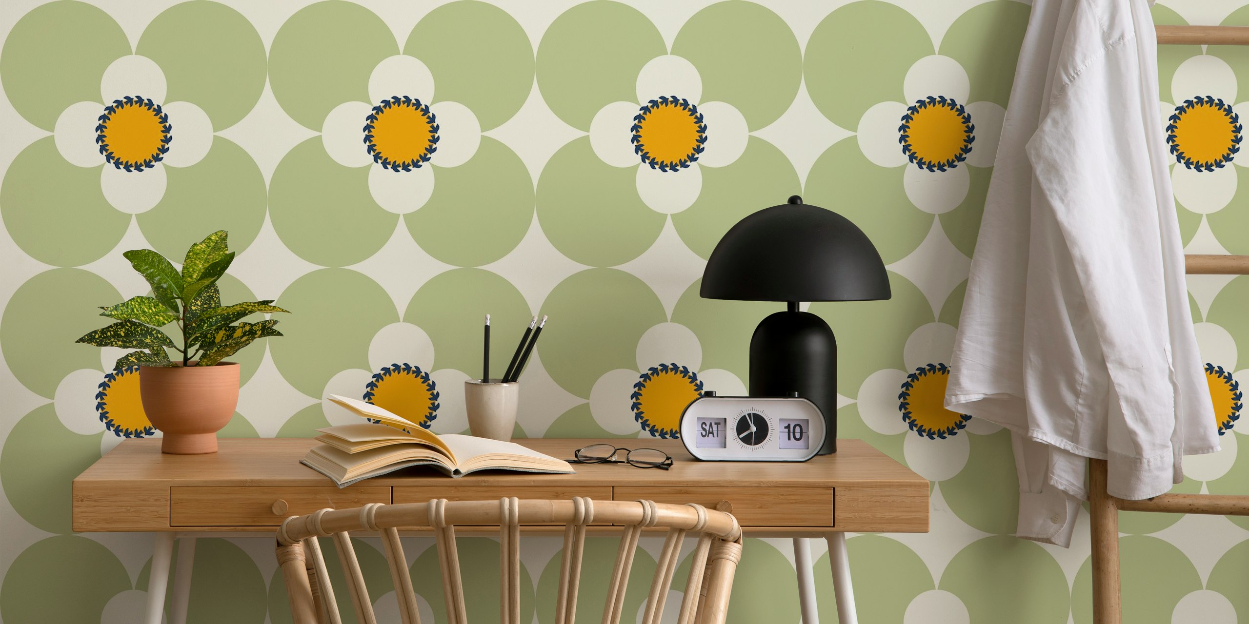 Retro floral design with green and orange blooms wallpaper