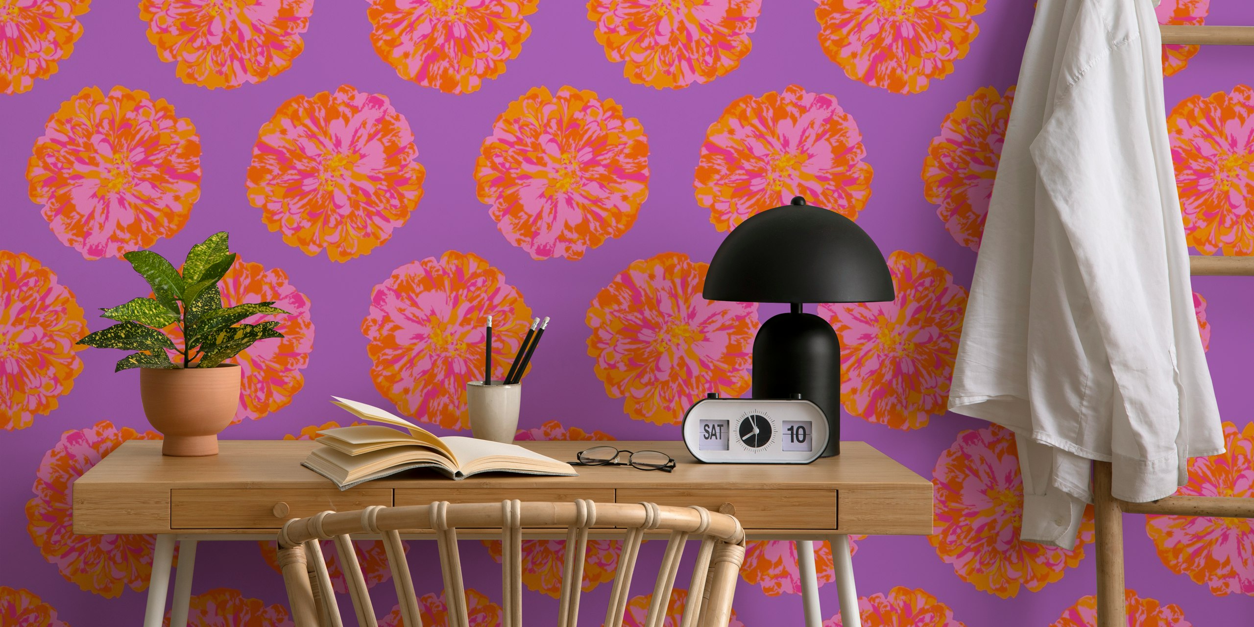 Floral wallpaper design in orange and violet