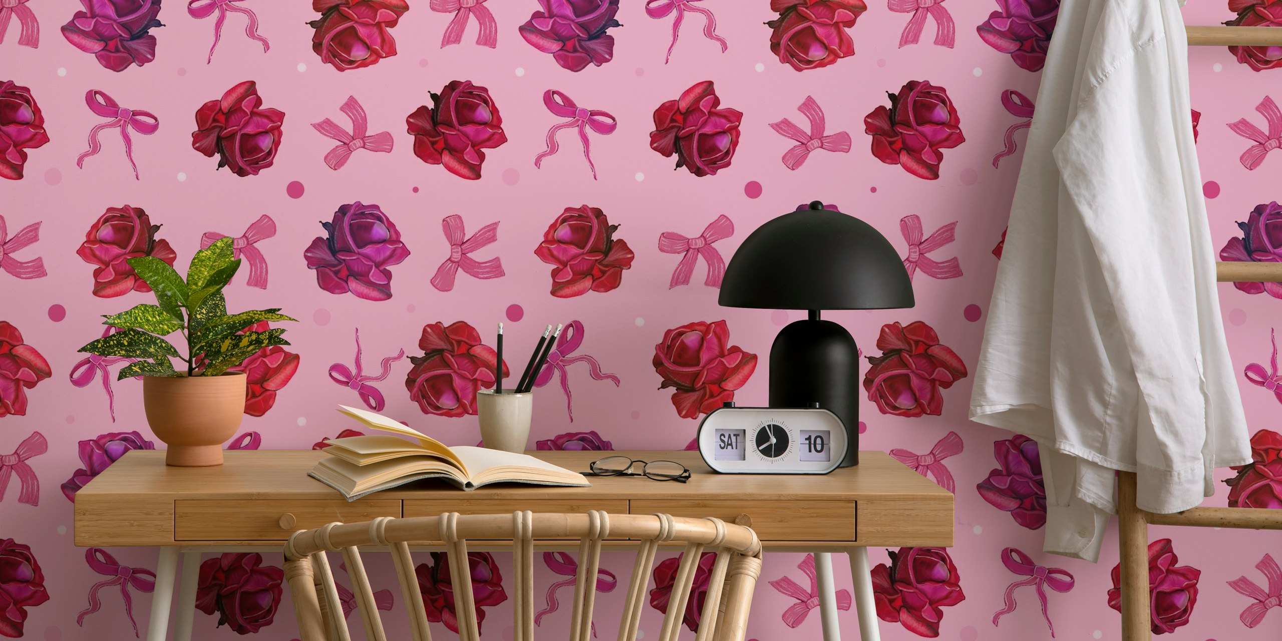 Pink roses and bow ties wallpaper pattern