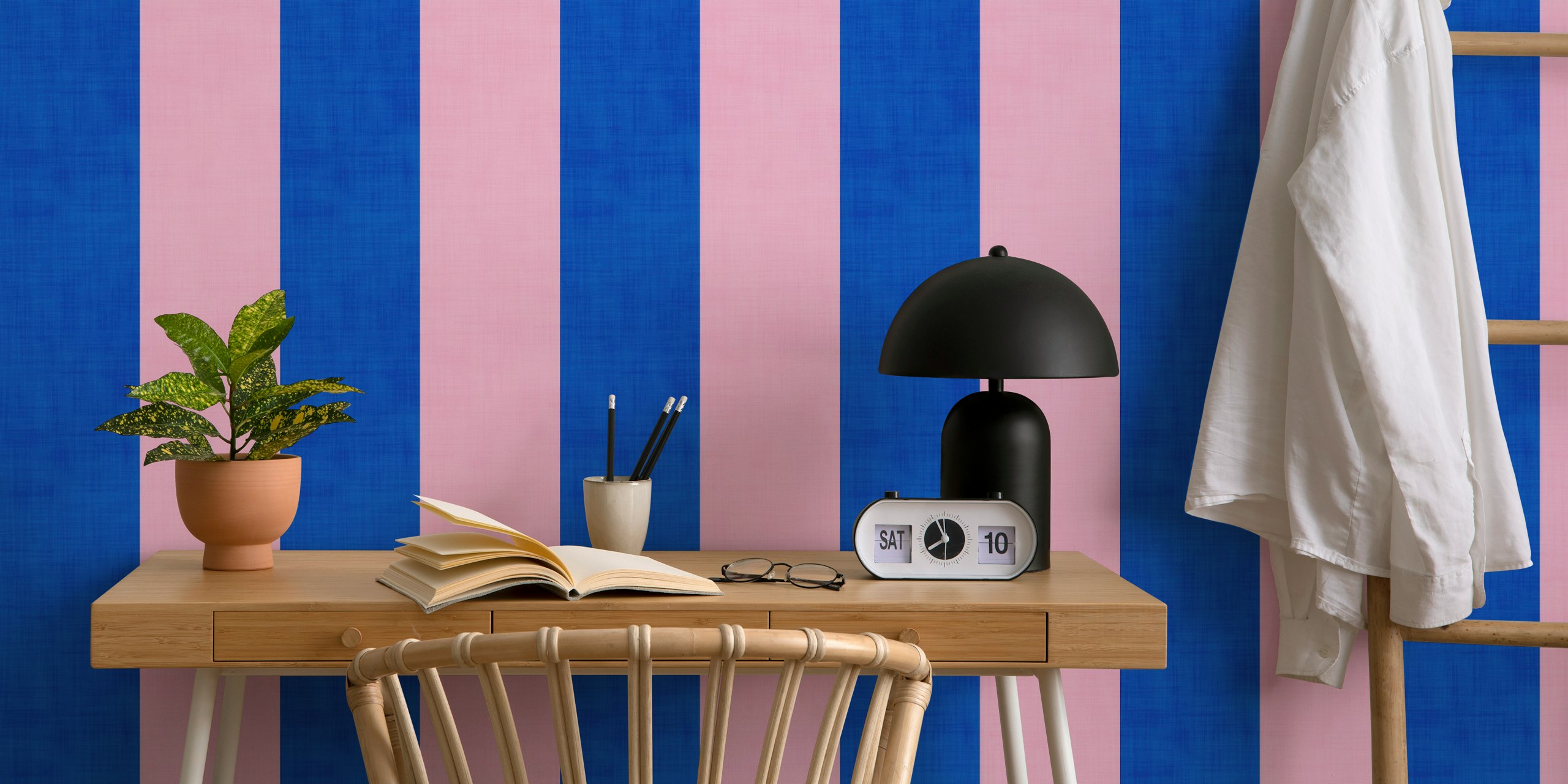 Cobalt blue and blush pink striped wallpaper design