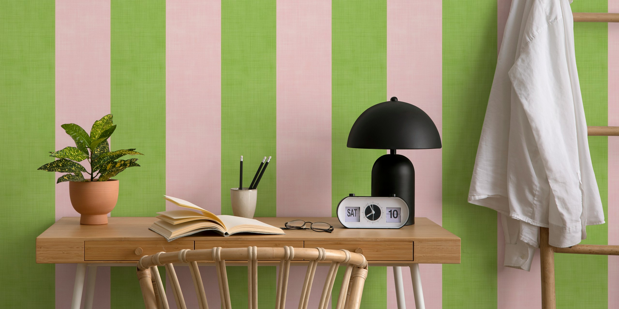 Blush pink and grass green striped wall mural