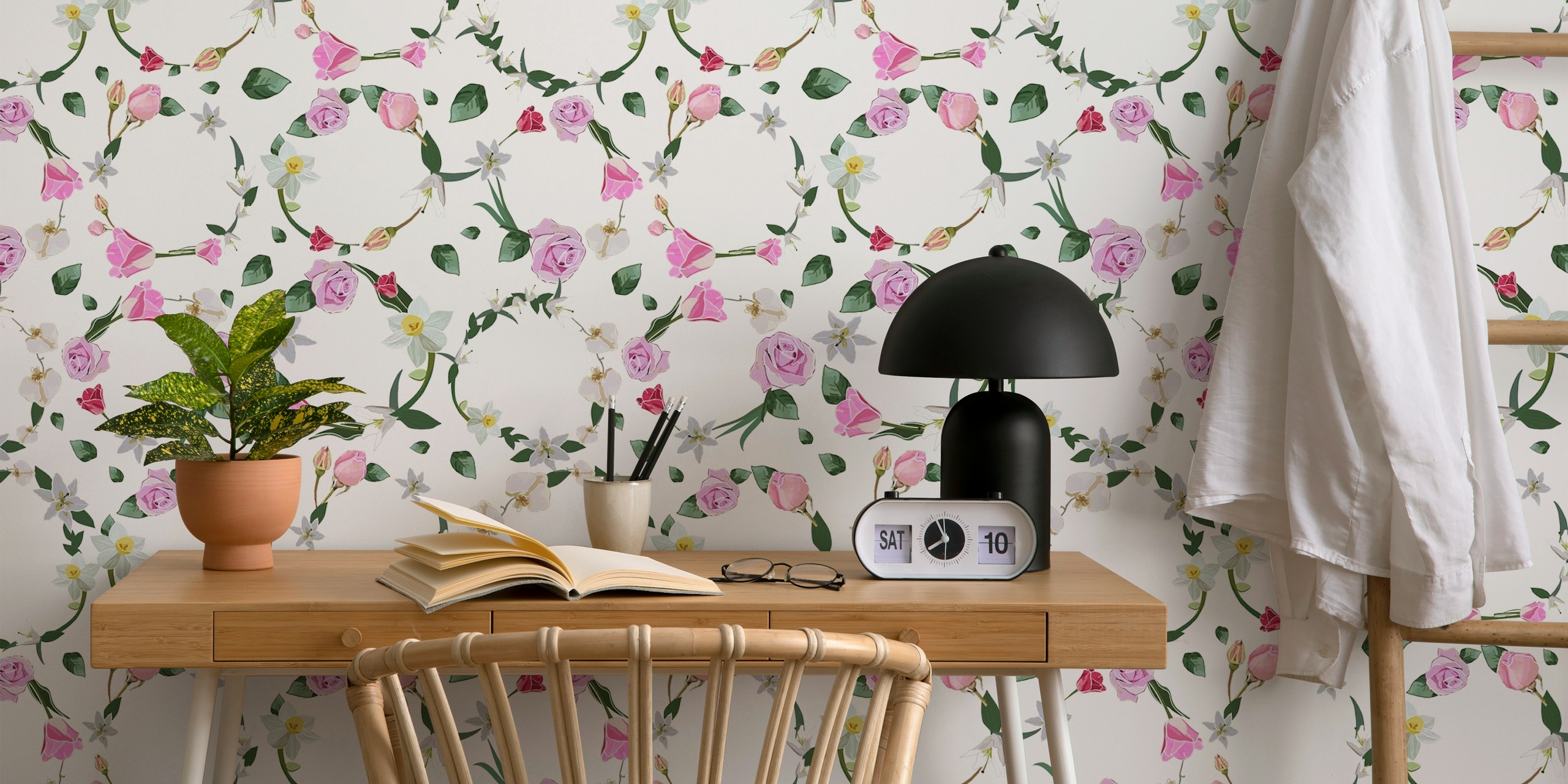 Pink roses and orchids with green leaves on a white background wallpaper