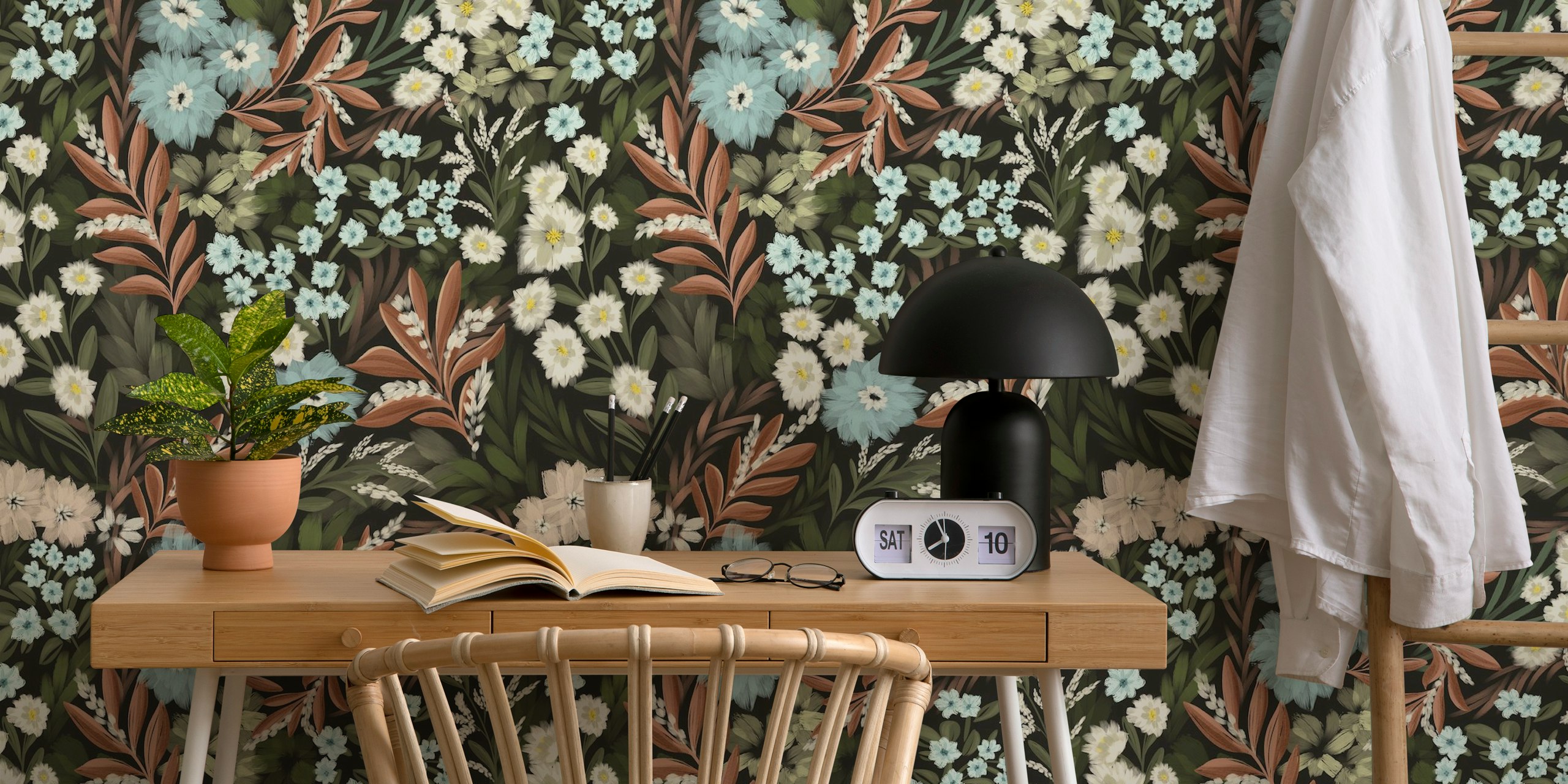 Forest floral and fauna wallpaper displayed in a room