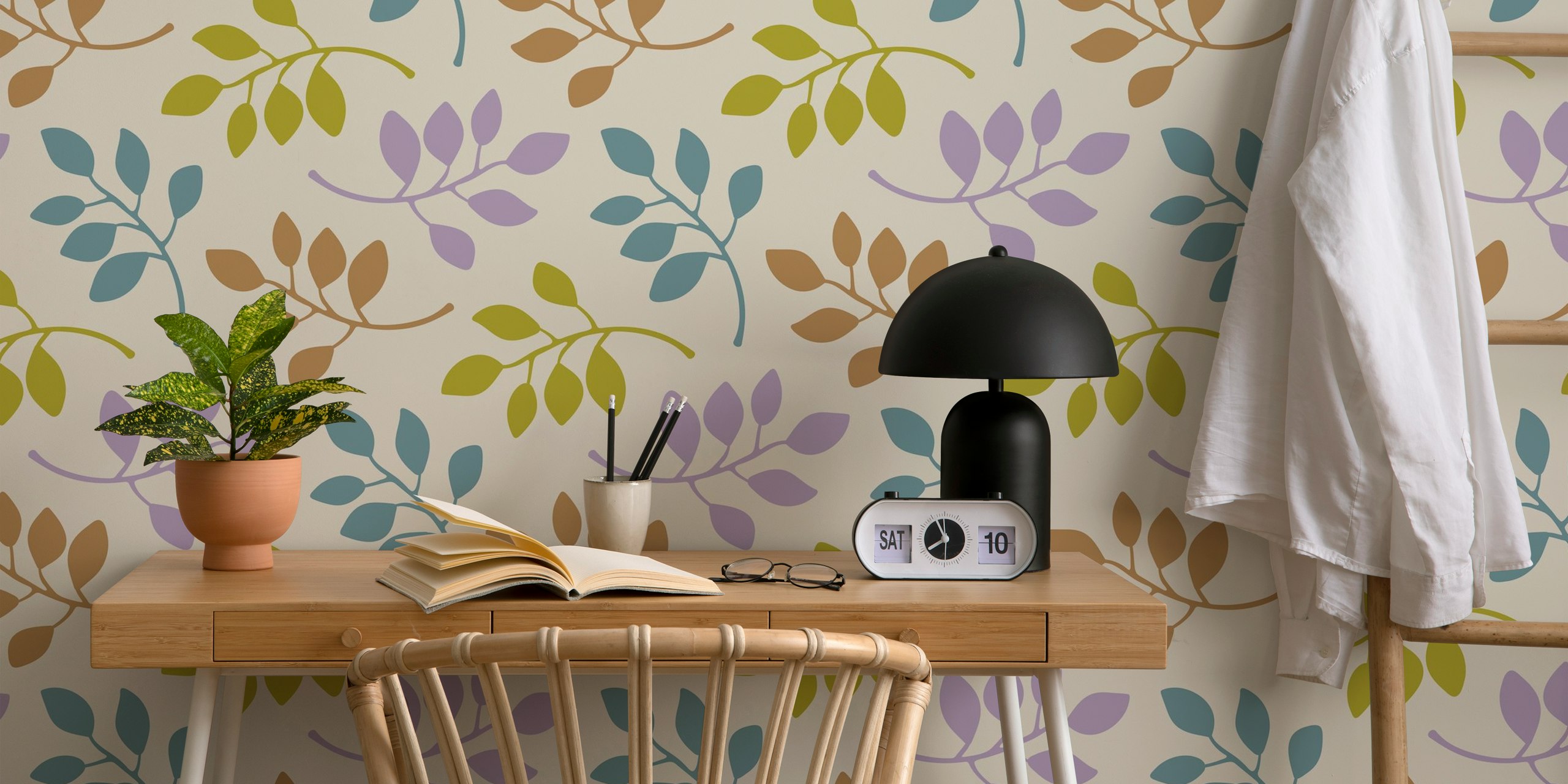 Colorful leaves in green, blue, and purple on warm white background wallpaper
