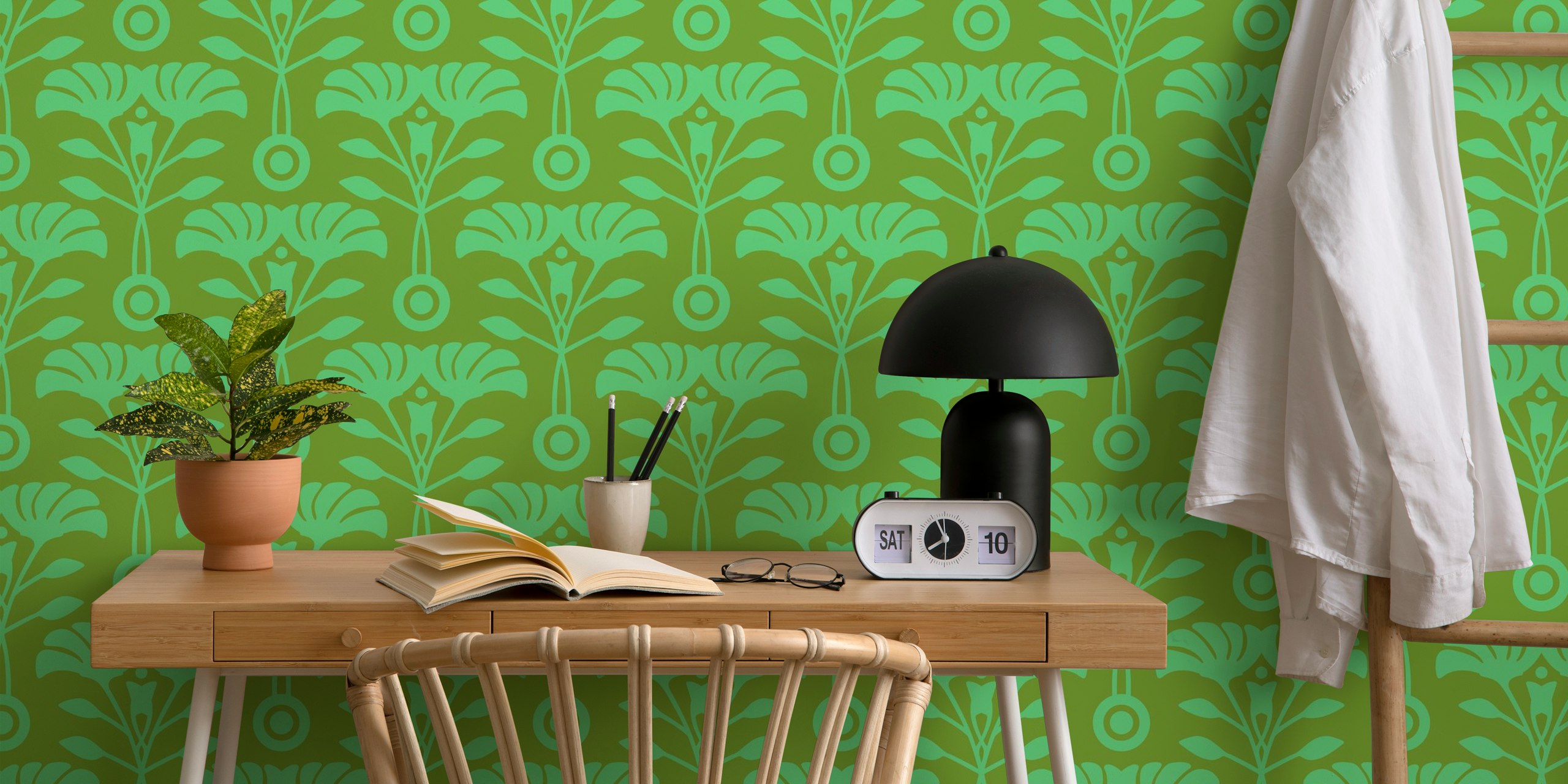 Floral patterns in green and olive tones on wallpaper