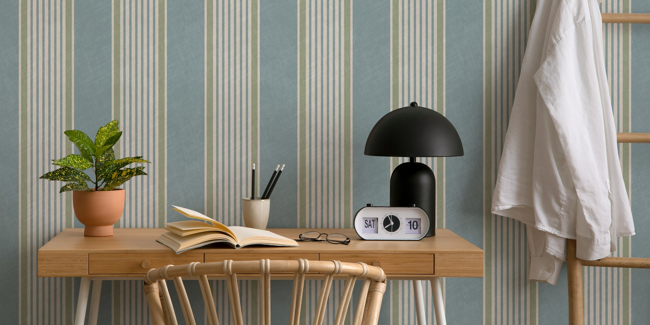 Antique stripes in slate blue and sage green wallpaper