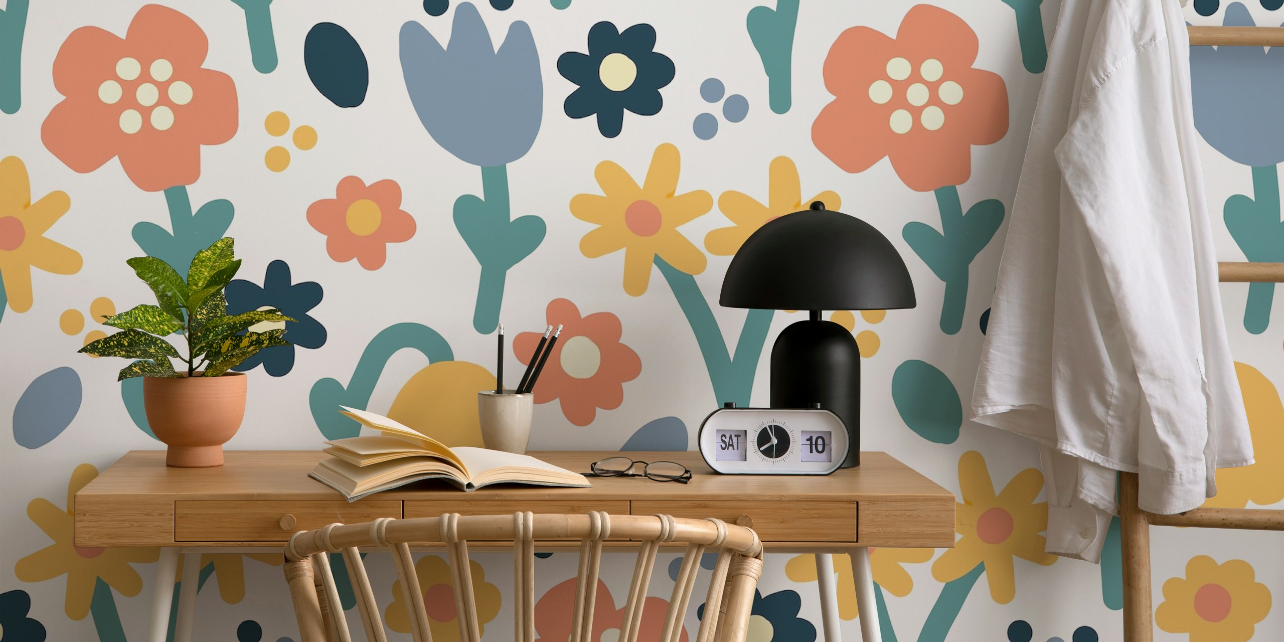 Colorful floral design with pink, blue, yellow, and green elements wallpaper