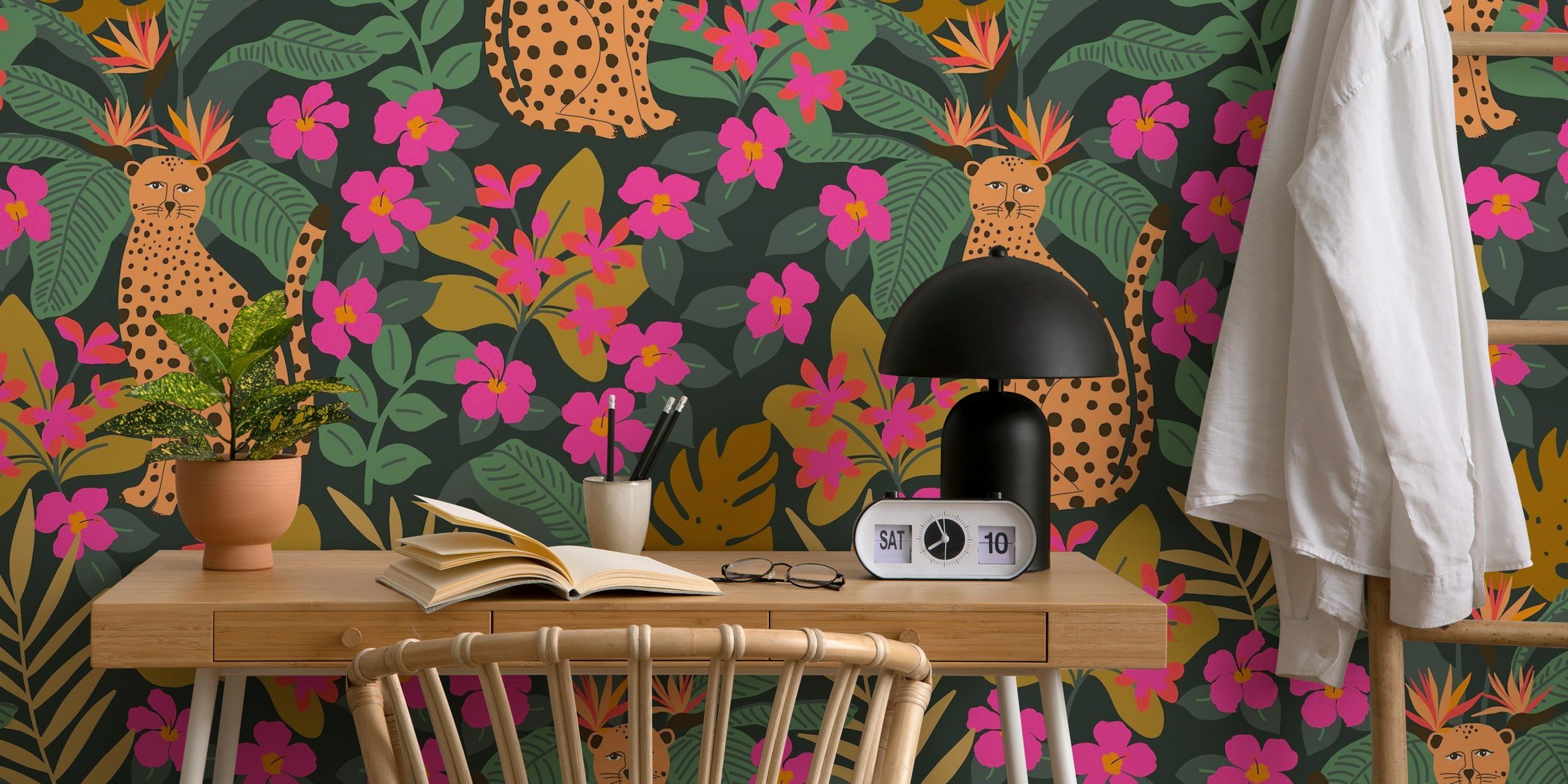 Hot Pink Jungle wall mural with leopards and tropical flowers
