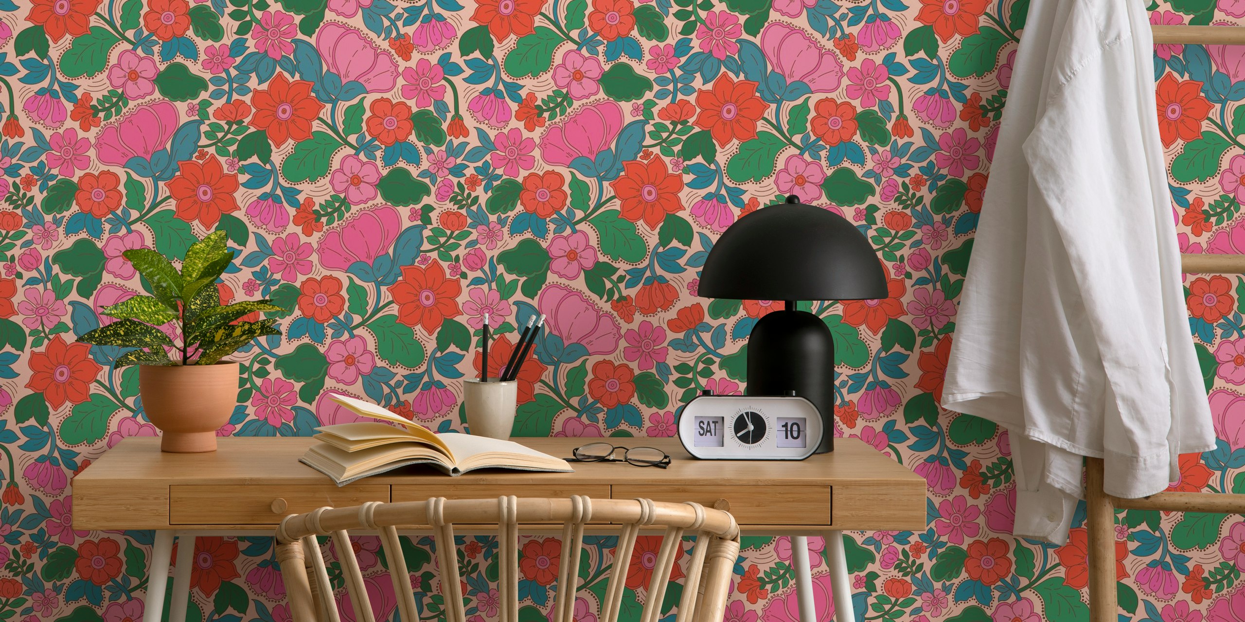 Colorful Sidney Floral wall mural with pink, green, and coral flowers